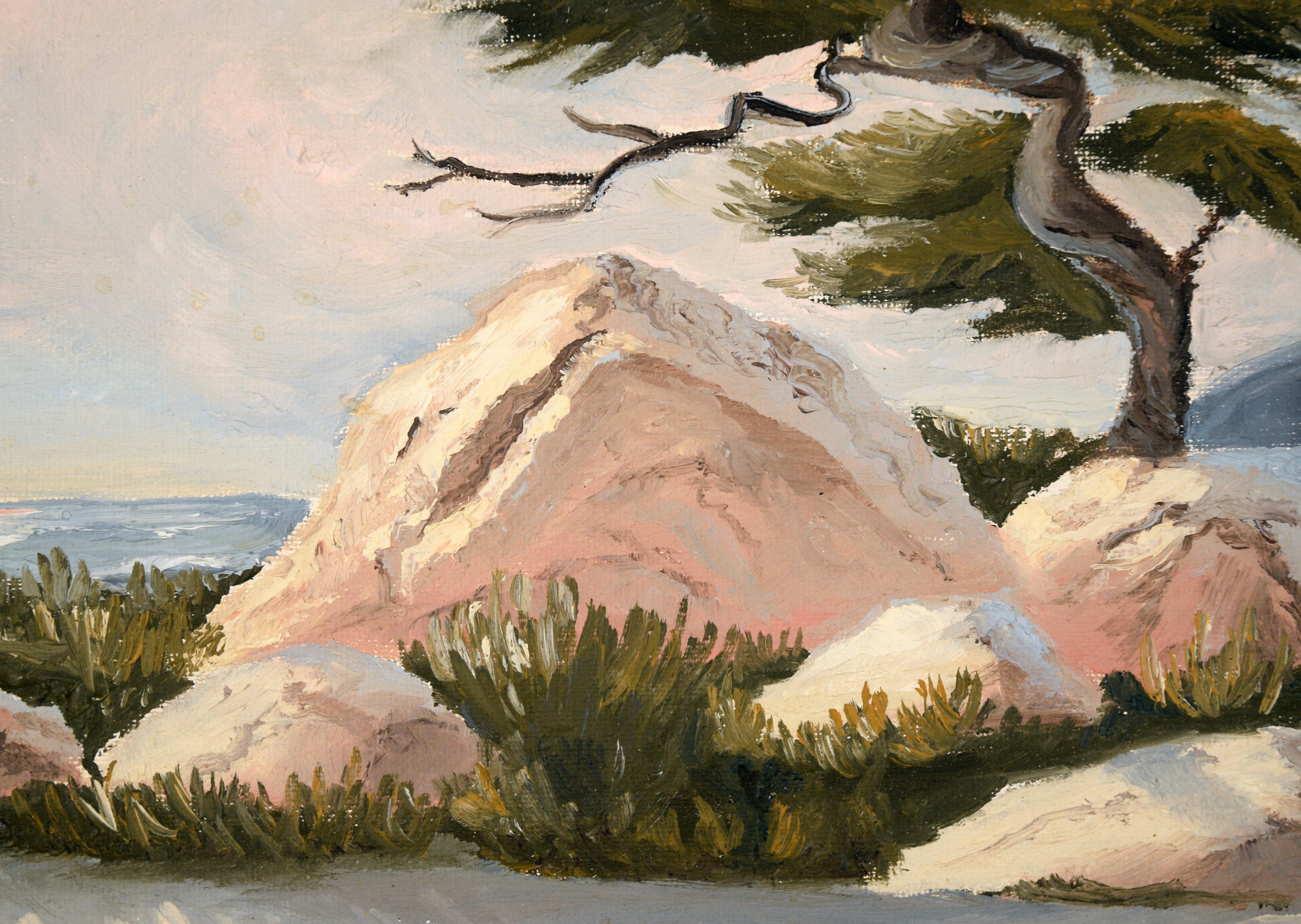 Sereno paisaje marino de Carmel, California, por artista desconocido Elle (siglo XX). (Helen S. Elle; En 1930 ella y su hija Edith se habían trasladado a Los Ángeles.  La Sra. Elle murió en San Diego, California, el 12 de marzo de 1964.  Sus obras