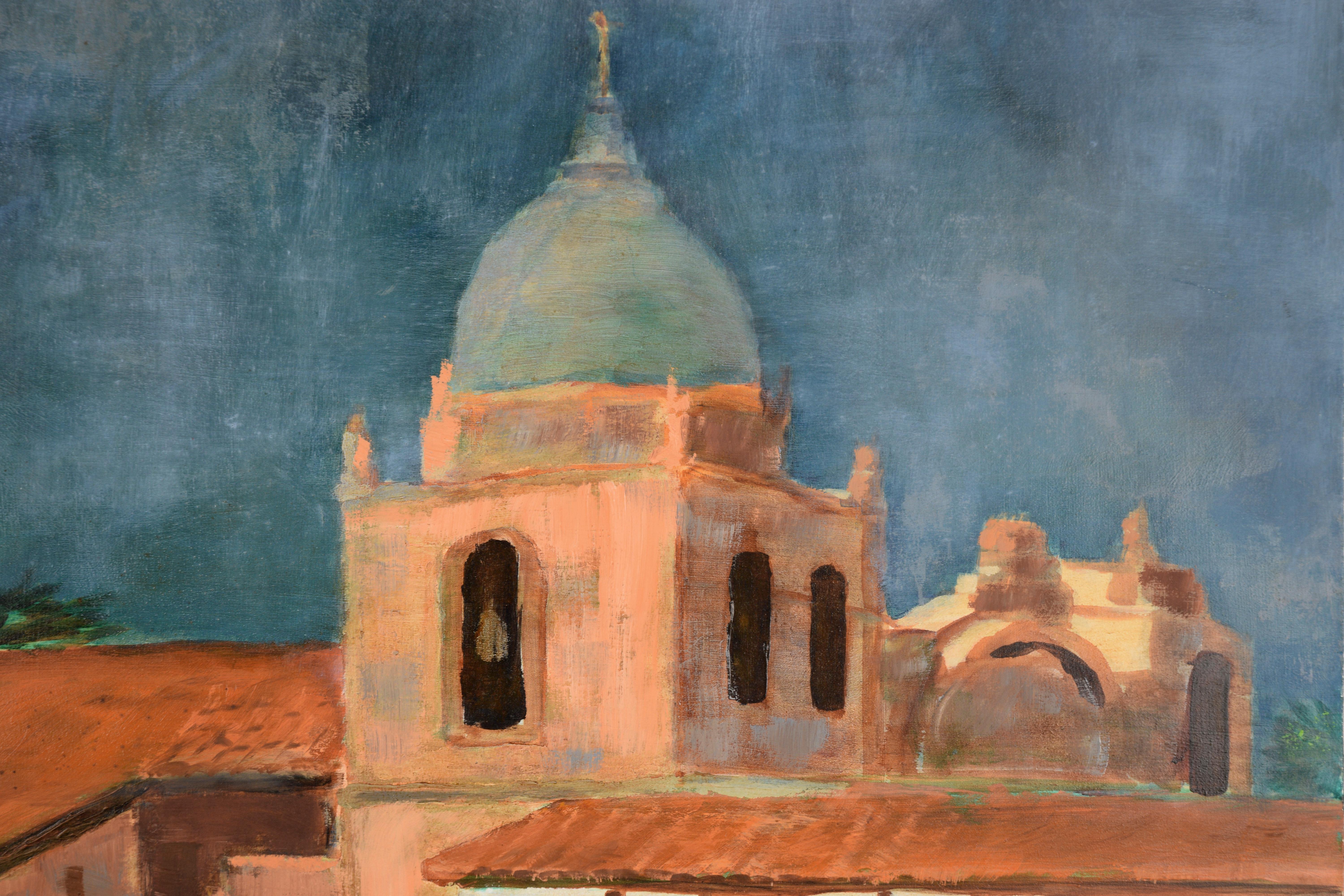 Carmel Mission at Dusk, California Landscape - Painting by Unknown