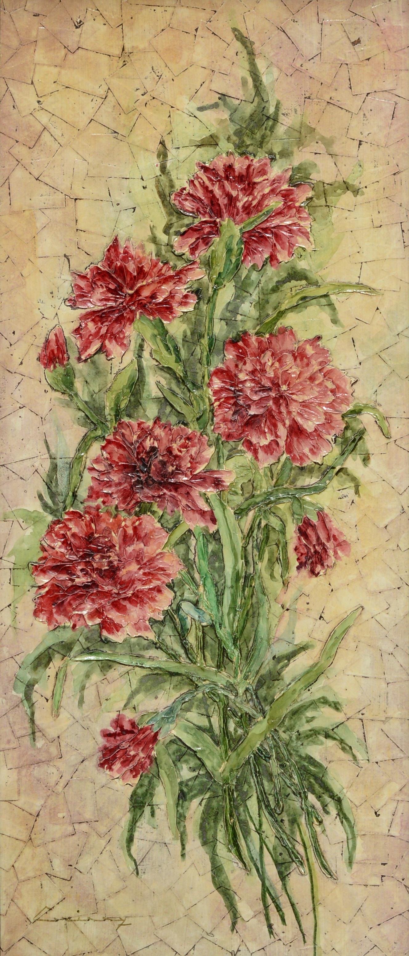 Garofani rossi, natura morta di un bouquet floreale strutturato di metà secolo - Painting di Unknown