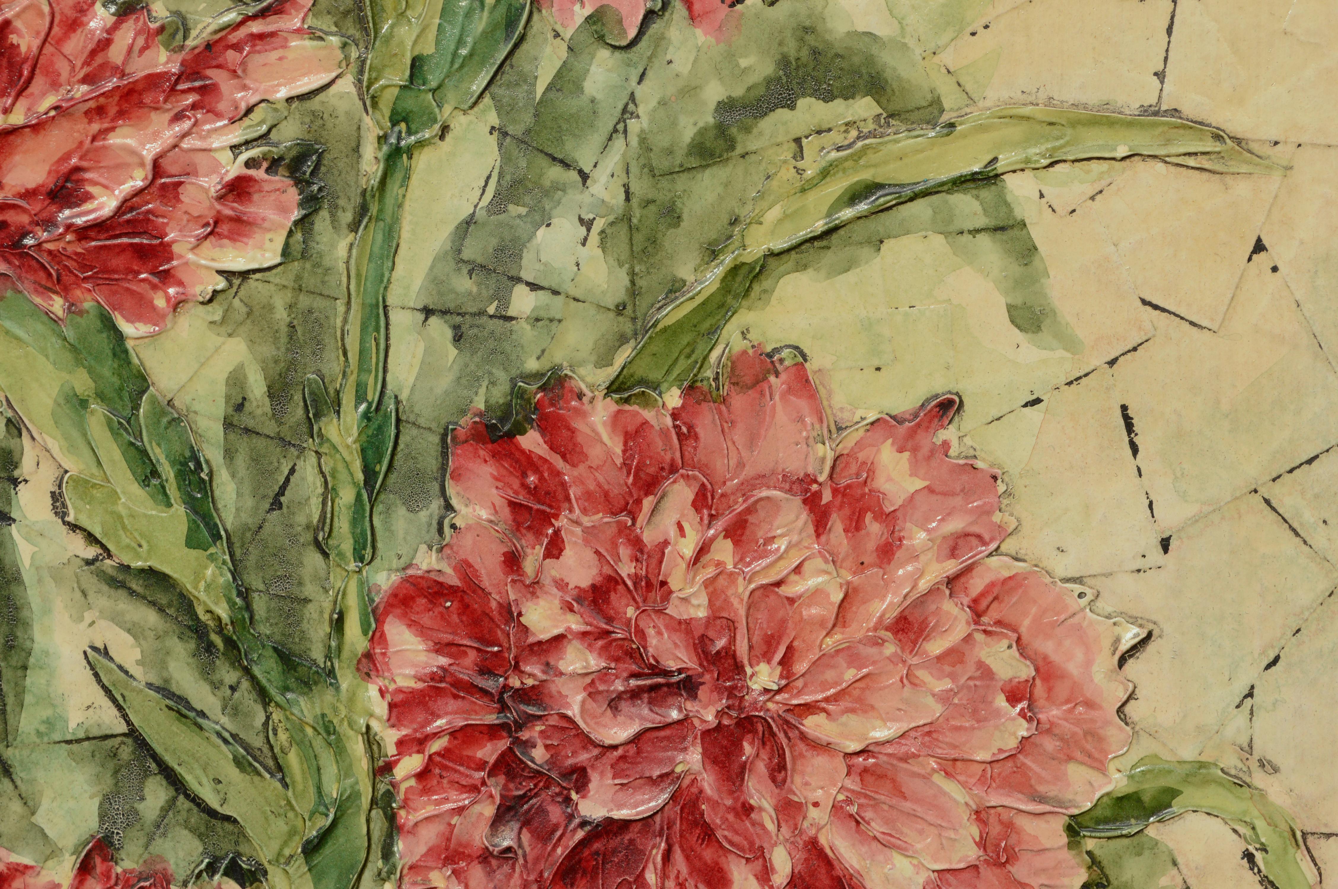 Sculptures rouges, nature morte de bouquet floral texturé du milieu du siècle dernier - Marron Still-Life Painting par Unknown