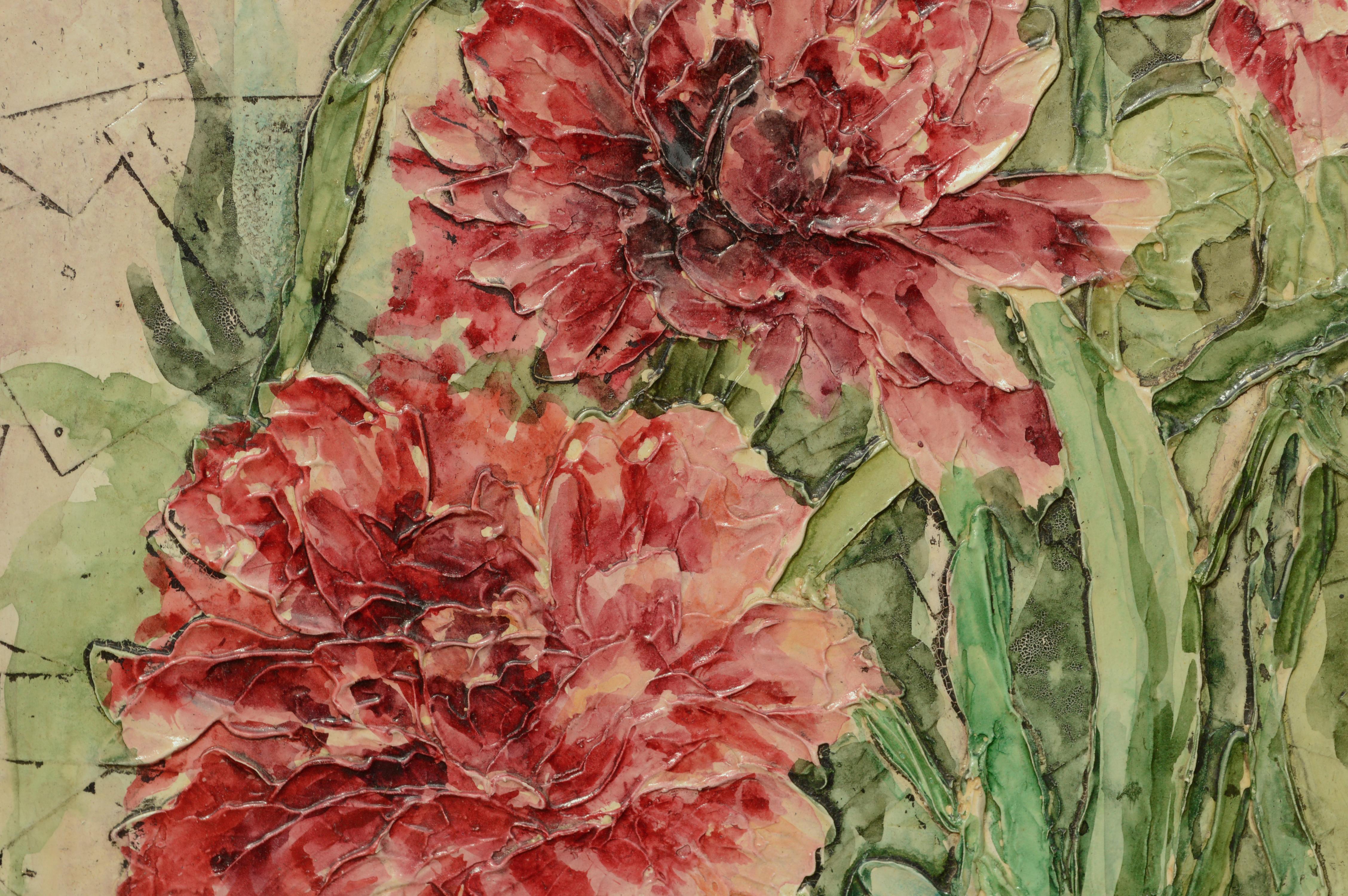 Nature morte très texturée d'un bouquet d'œillets par un artiste inconnu, probablement signé 