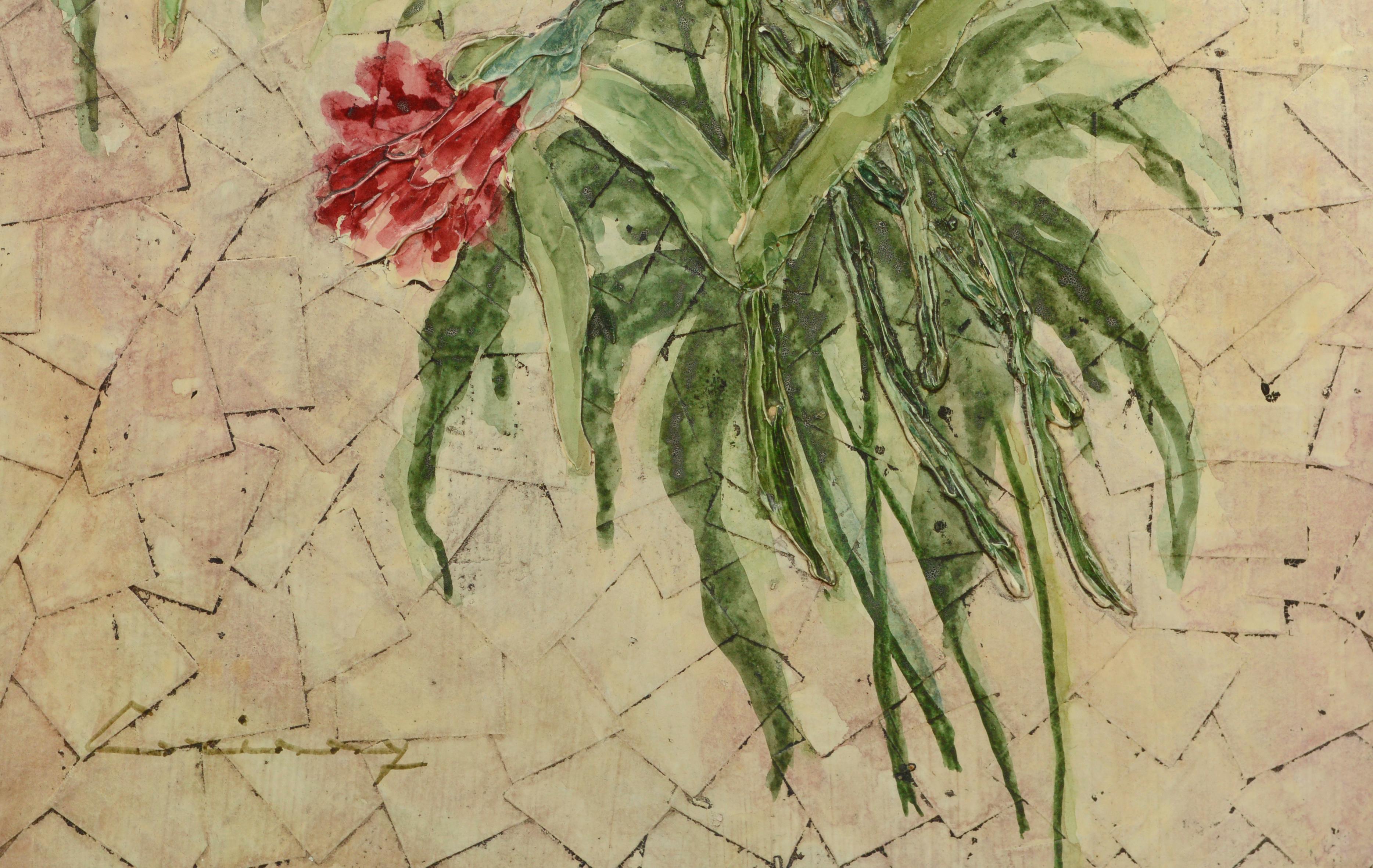 Red Carnations, Mid Century Textured Floral Bouquet Still Life - American Impressionist Painting by Unknown