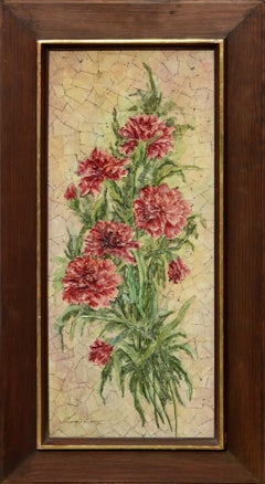 Red Carnations, Mid Century Textured Floral Bouquet Still Life