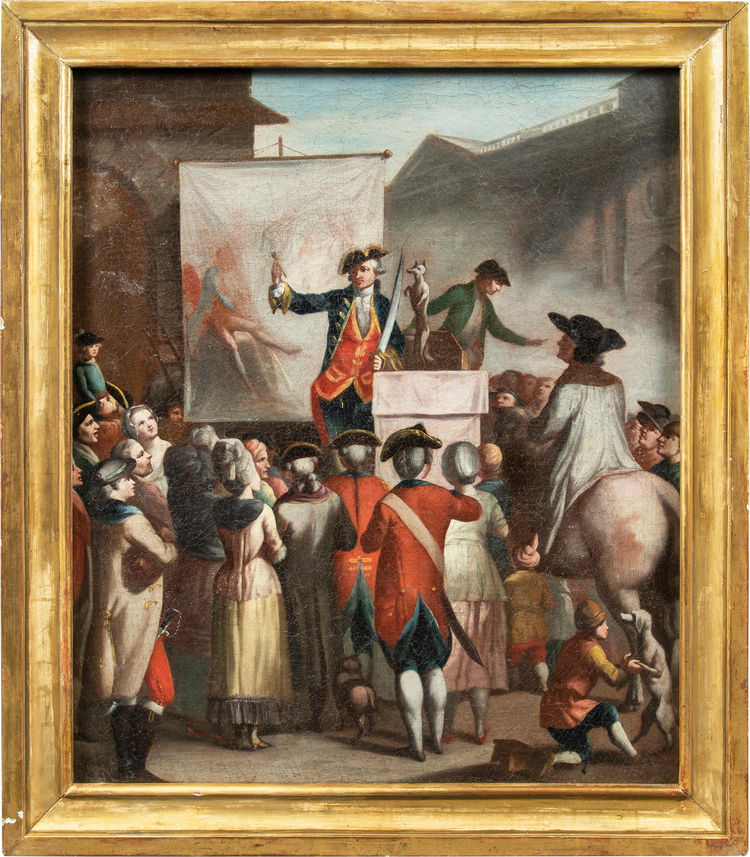 Unknown Figurative Painting - Carnival painter (Italian school)- 18th century figure painting - Street show