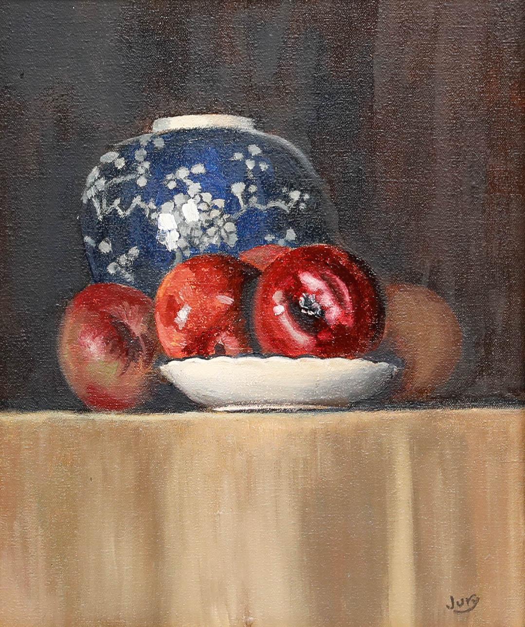 Carole Jury - Gerahmtes zeitgenössisches Öl, The Ginger JAR with Apples – Painting von Unknown