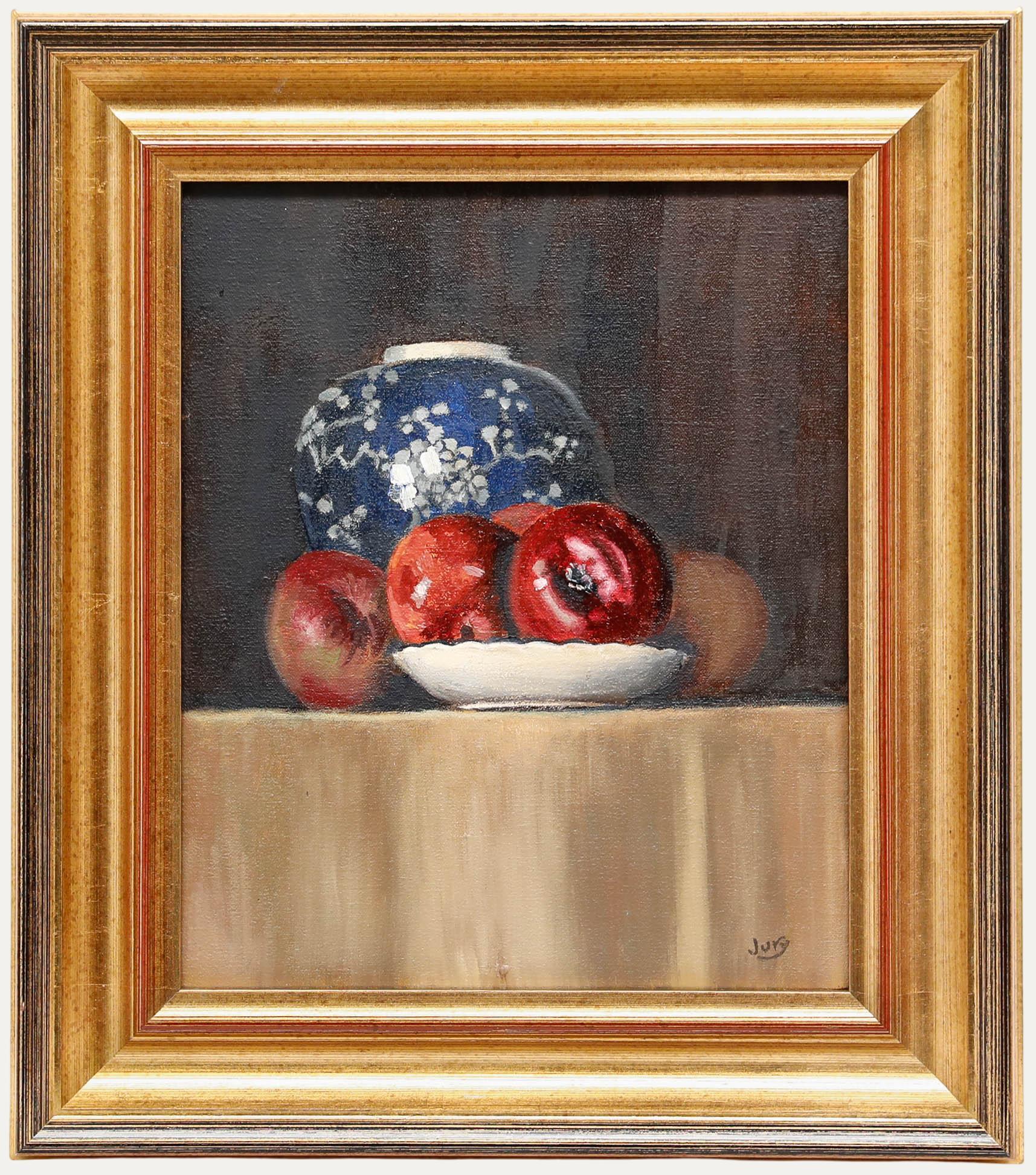 Carole Jury - Gerahmtes zeitgenössisches Öl, The Ginger JAR with Apples