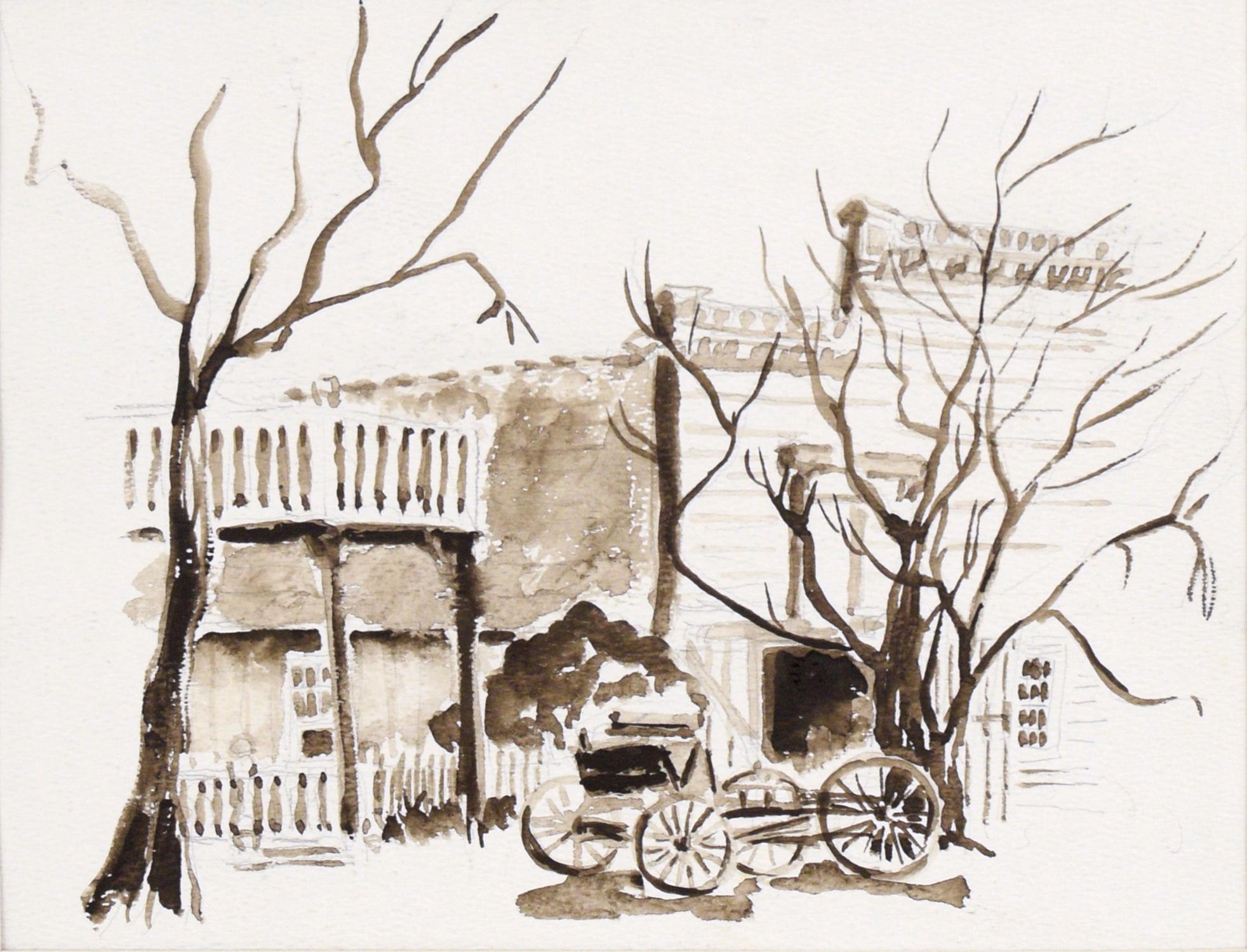 Carrozza fuori dal St. Charles Saloon - Columbia CA - Acquerello monocromo - Painting di Unknown