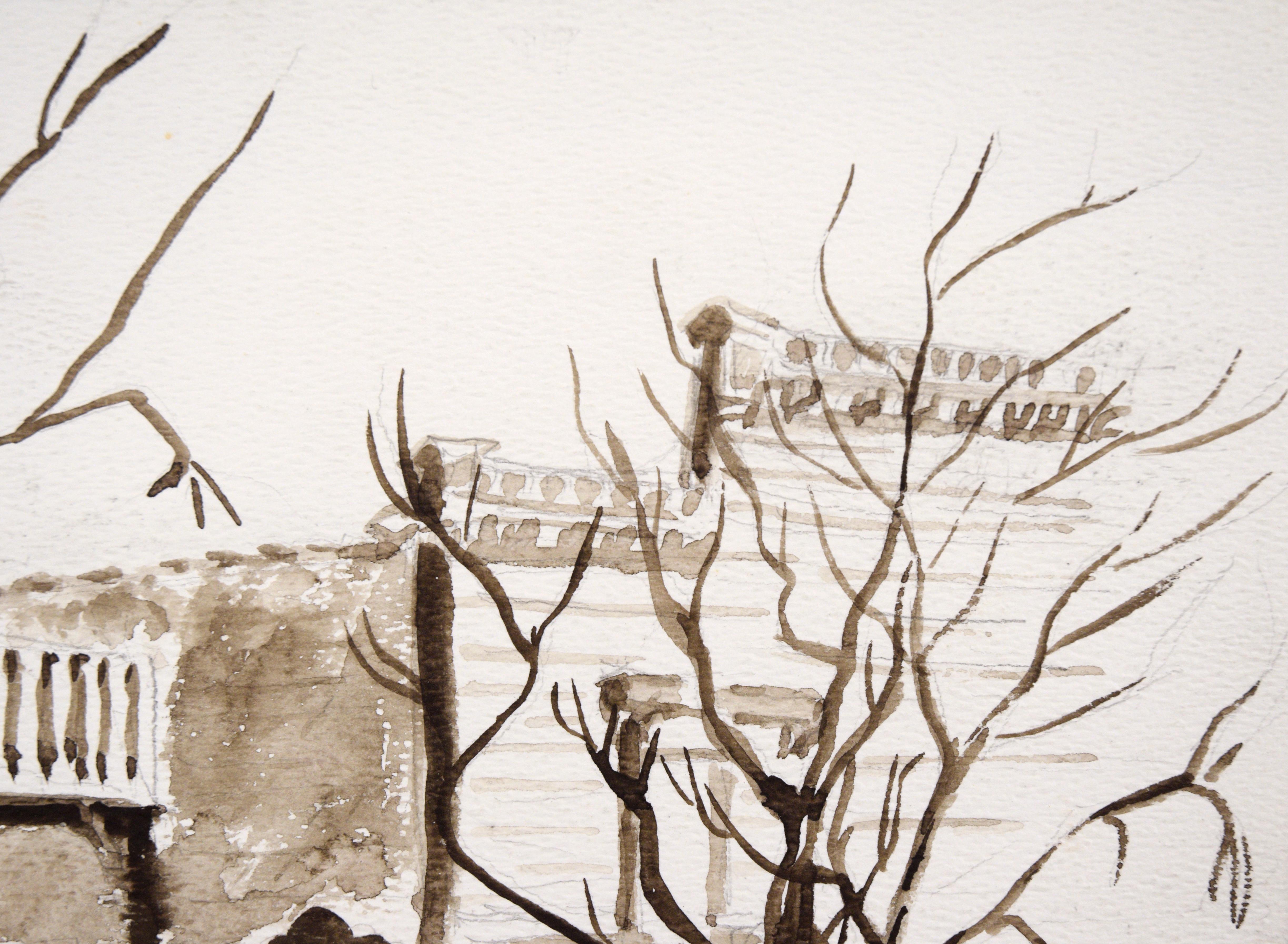 Carrozza fuori dal St. Charles Saloon - Columbia CA - Acquerello monocromo - Landscape Painting Grigio di Unknown