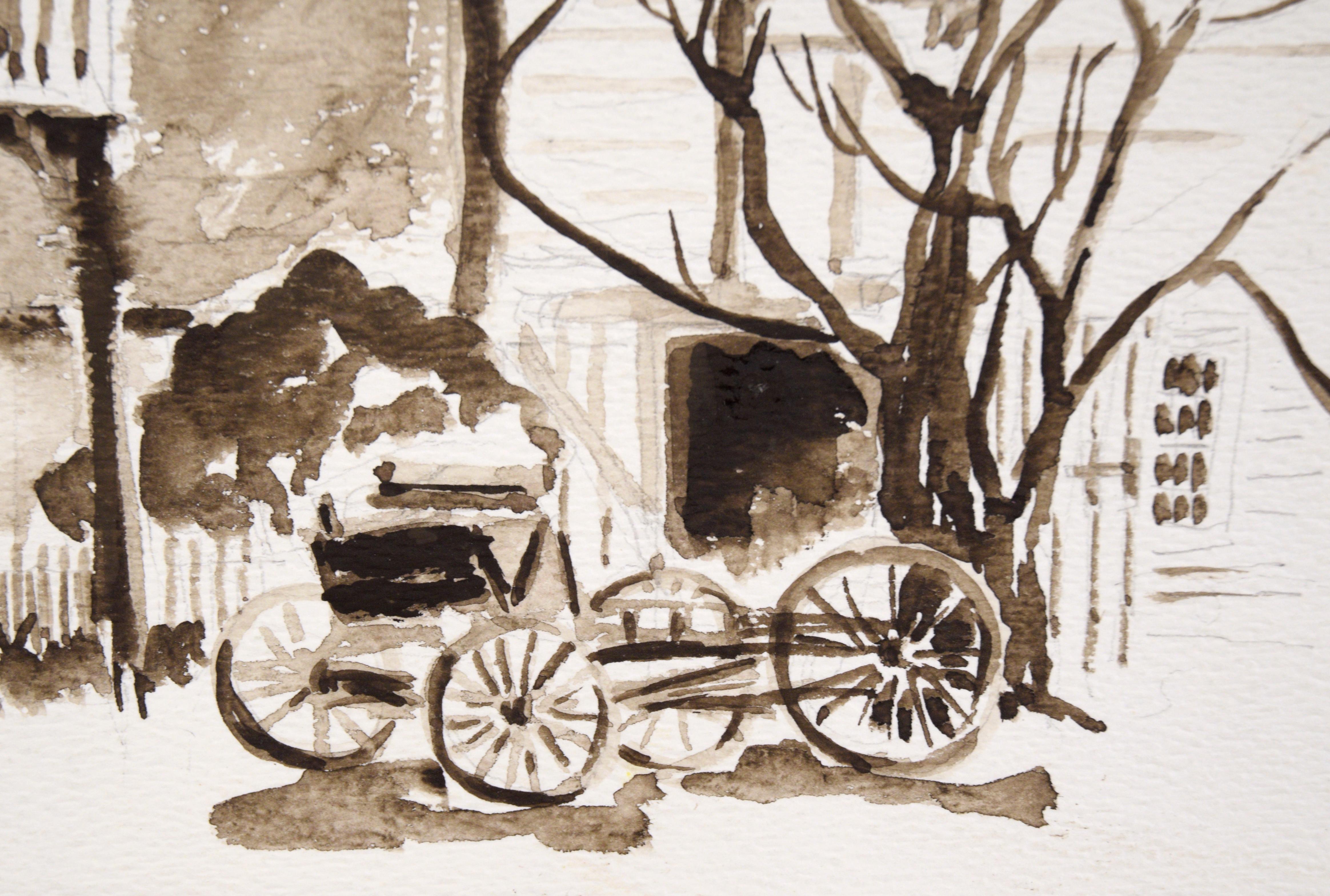 Carrozza fuori dal St. Charles Saloon - Columbia CA - Acquerello monocromo in vendita 1