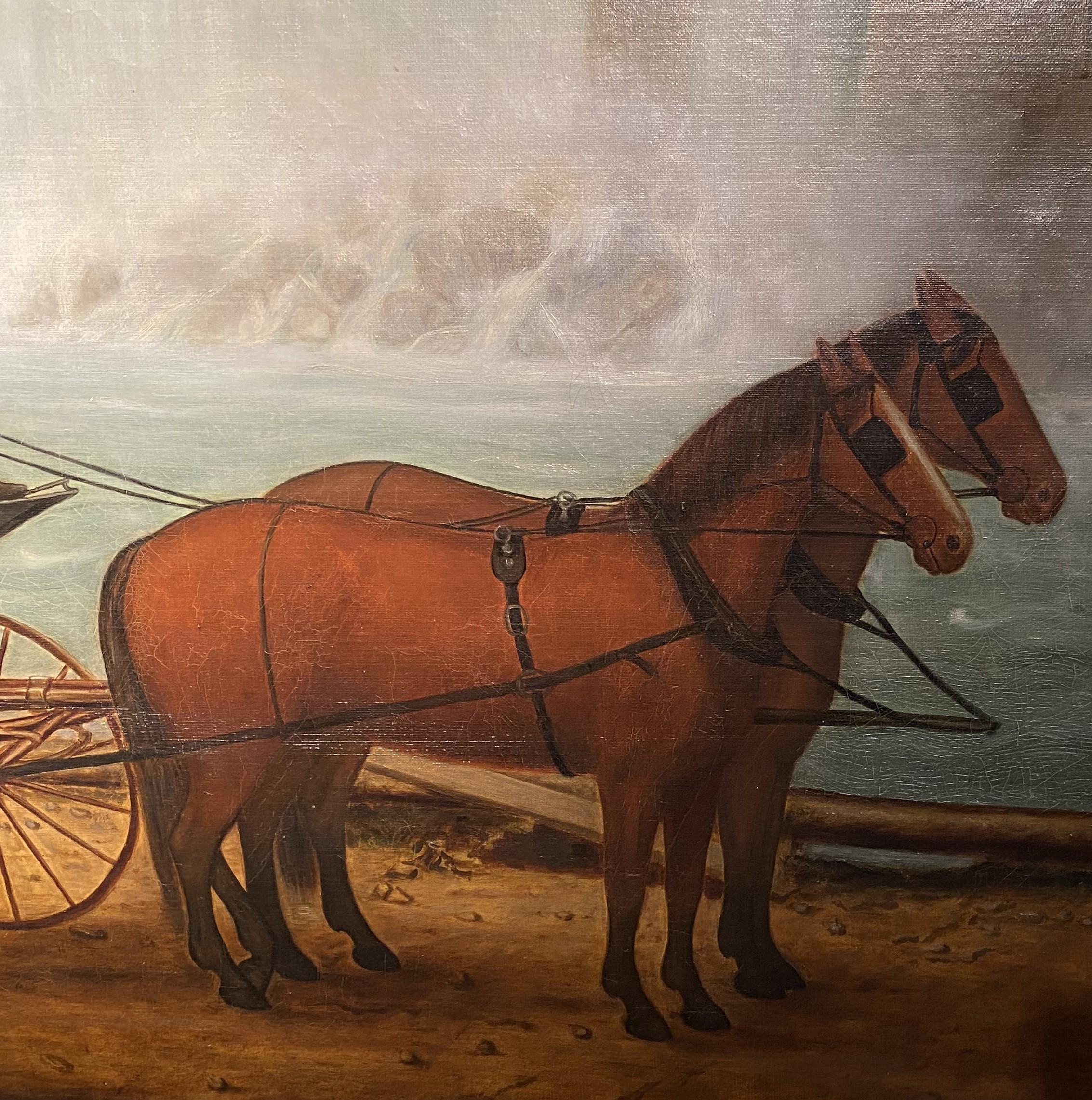 A finely detailed 19th century American School landscape depicting a couple riding in a carriage with horses 
driver, stopping to enjoy the view of the American Falls of Niagara Falls in the background. This oil on canvas is unsigned and housed