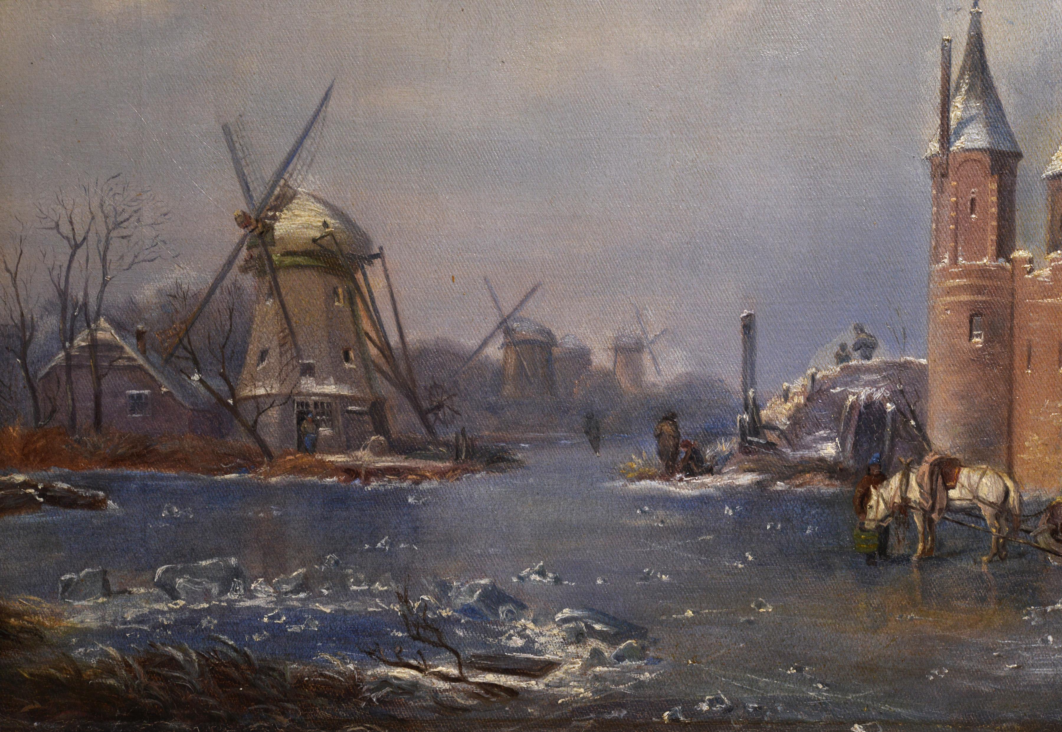 Castle and Windmills at Frozen Pond Dutch Winter Landscape 19th century Oil - Dutch School Painting by Unknown