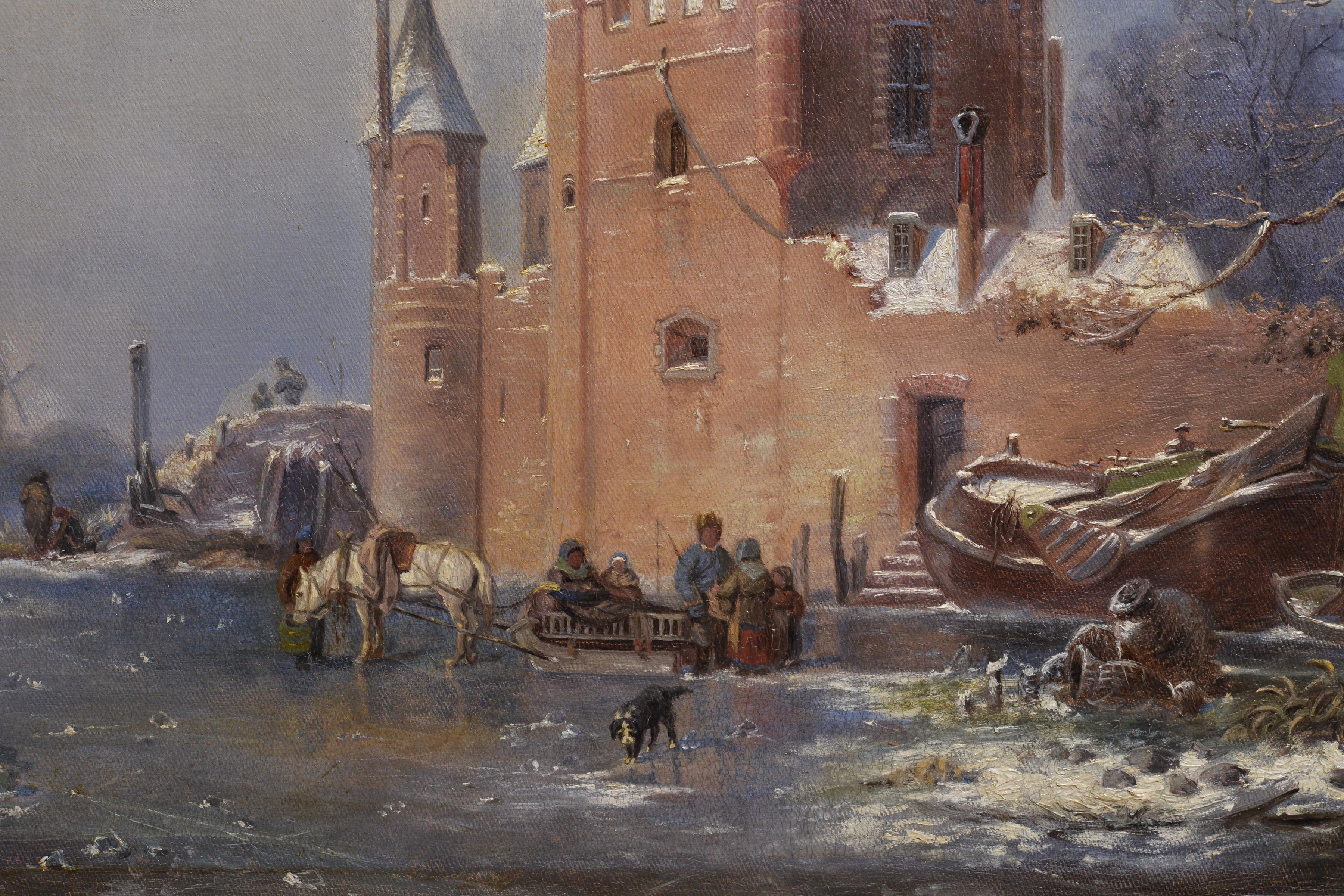 Castle and Windmills at Frozen Pond Dutch Winter Landscape 19th century Oil - Brown Figurative Painting by Unknown