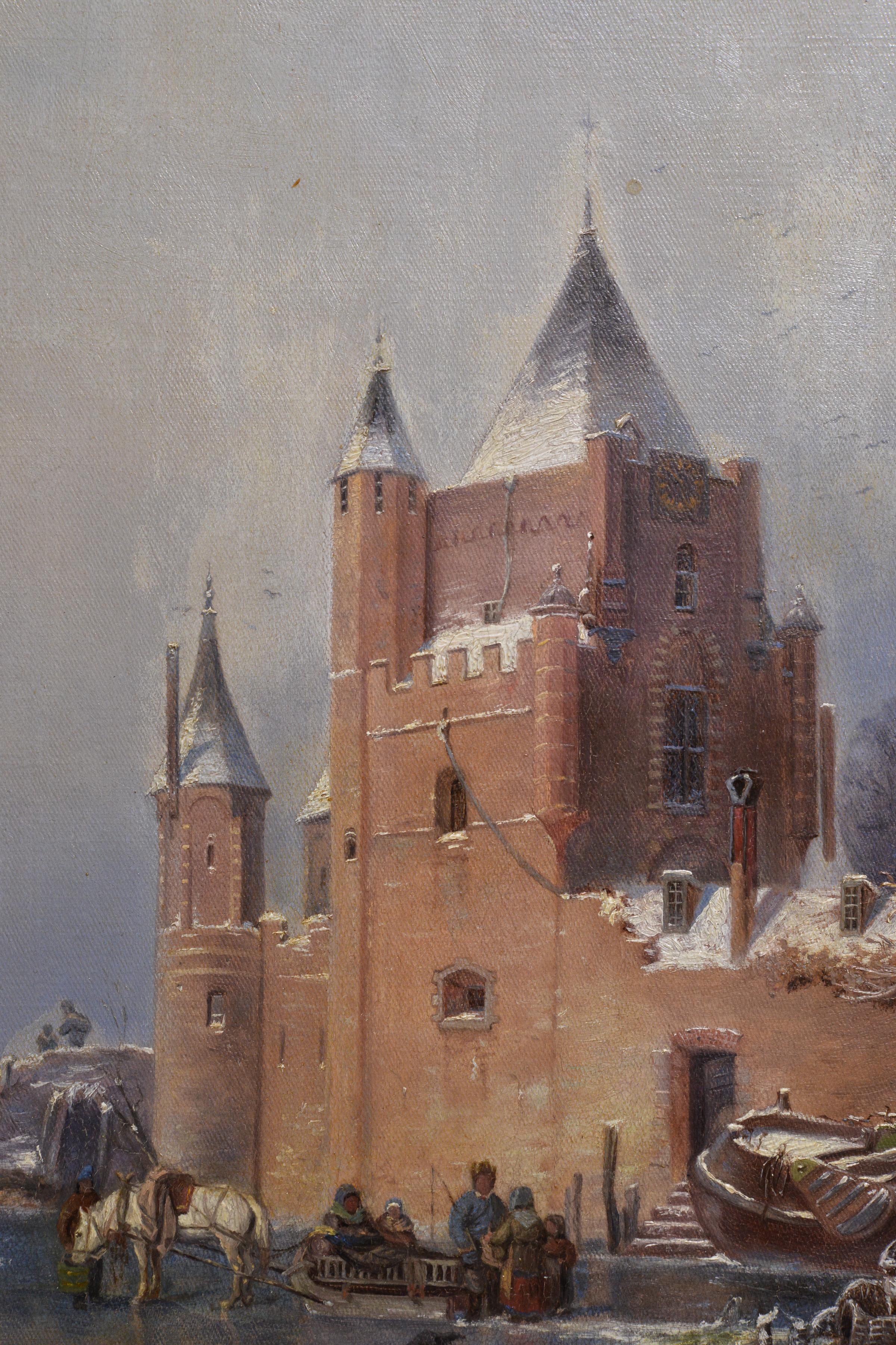 Castle and Windmills at Frozen Pond Dutch Winter Landscape 19th century Oil For Sale 1
