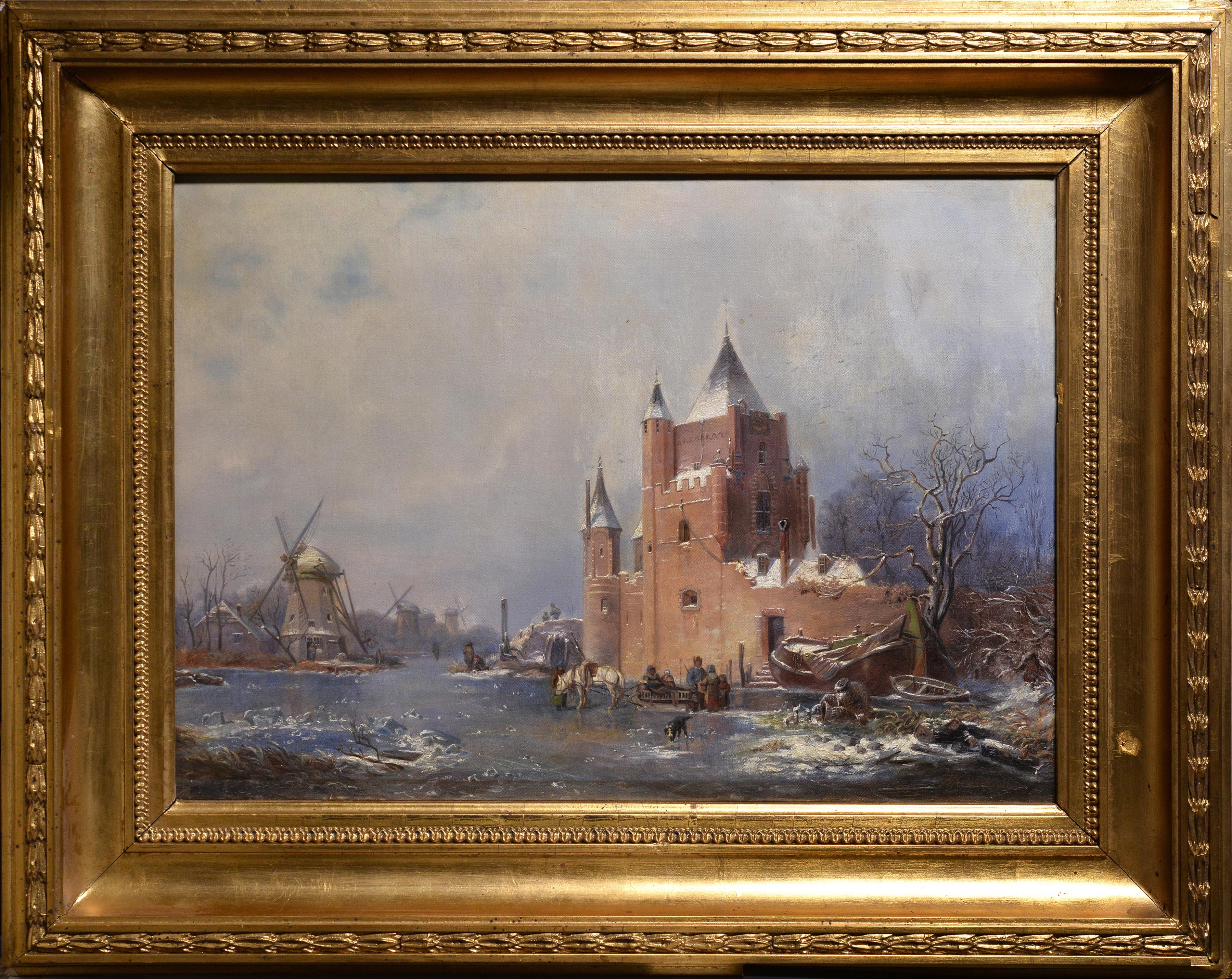Schloss und Windmühlen am zugefrorenen Teich Holländische Winterlandschaft 19. Jahrhundert Öl