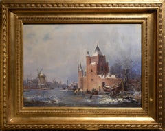 Antique Castle and Windmills at Frozen Pond Dutch Winter Landscape 19th century Oil