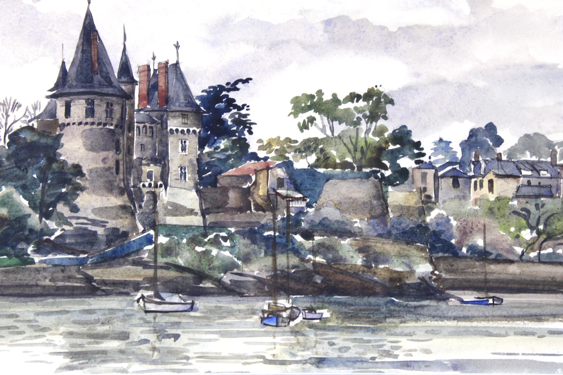 Schloss am Flussufer, Original französisches Aquarell, Impressionistischer Stil – Painting von Unknown
