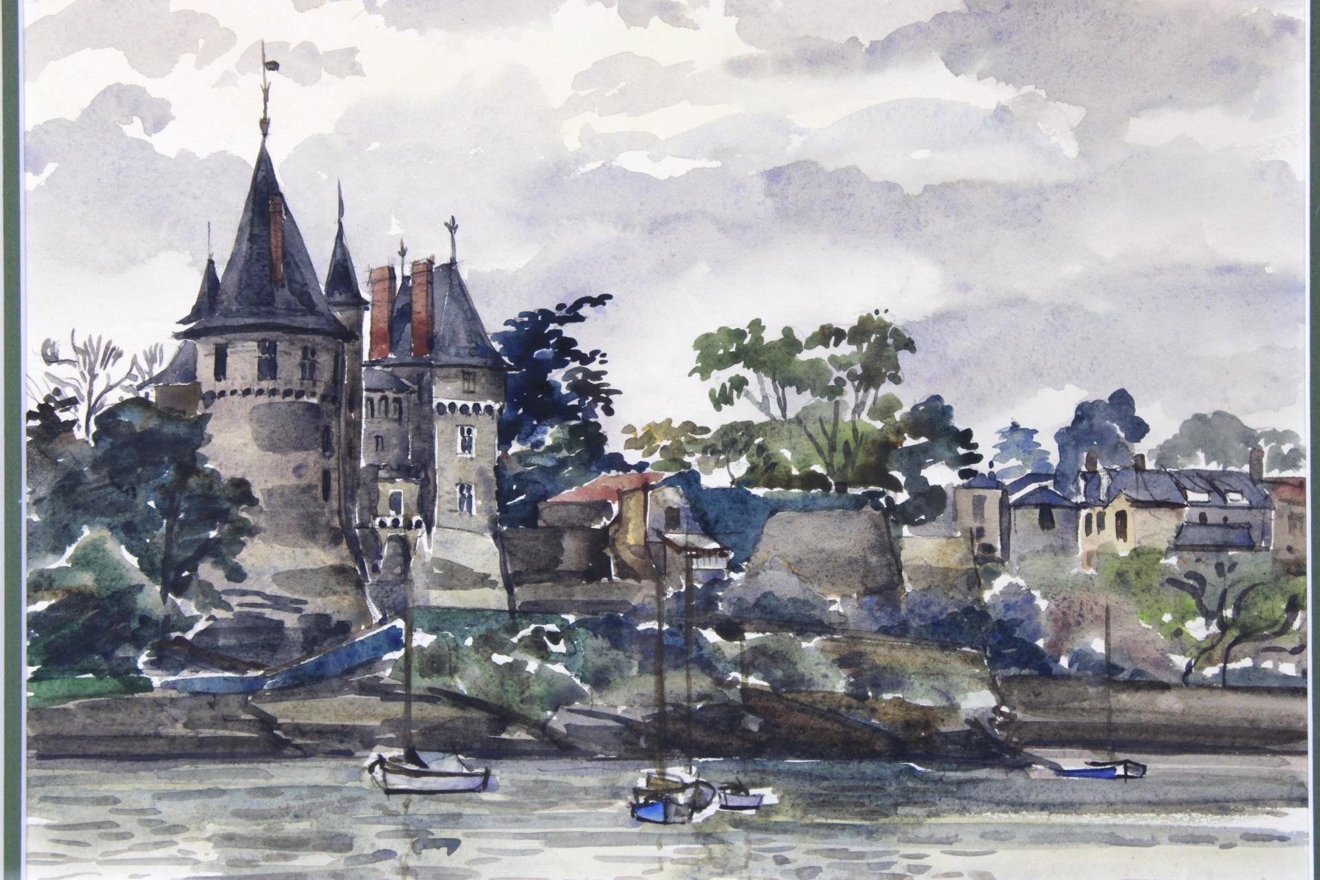 *Dimensions include the frame 

This French watercolor from around 1940 captures a picturesque view reminiscent of the Impressionist penchant for natural light and landscape scenes. The painting features a castle by the water, a subject that harks