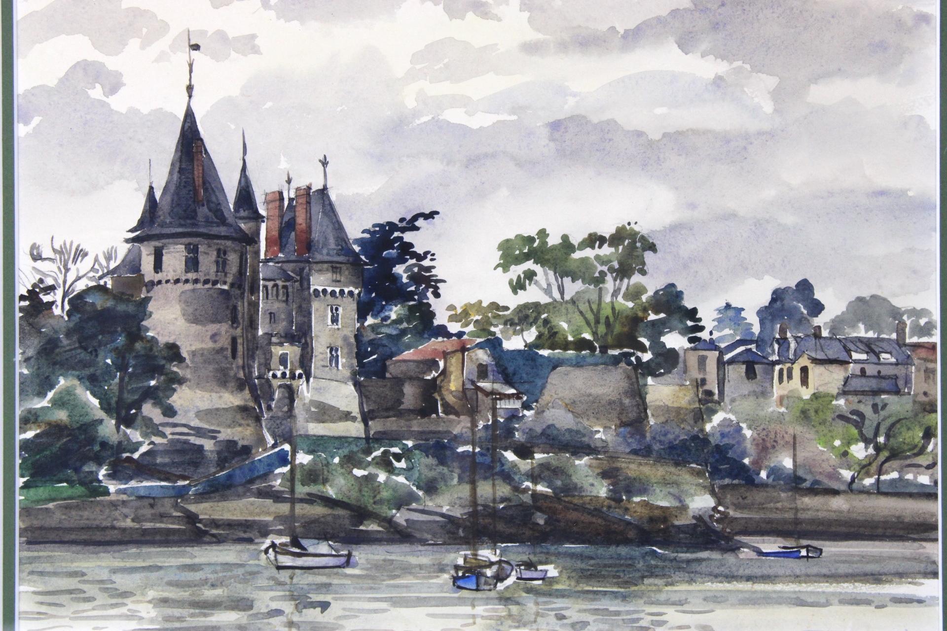 Castle at riverside, aquarelle française originale, style impressionniste - Impressionnisme Painting par Unknown