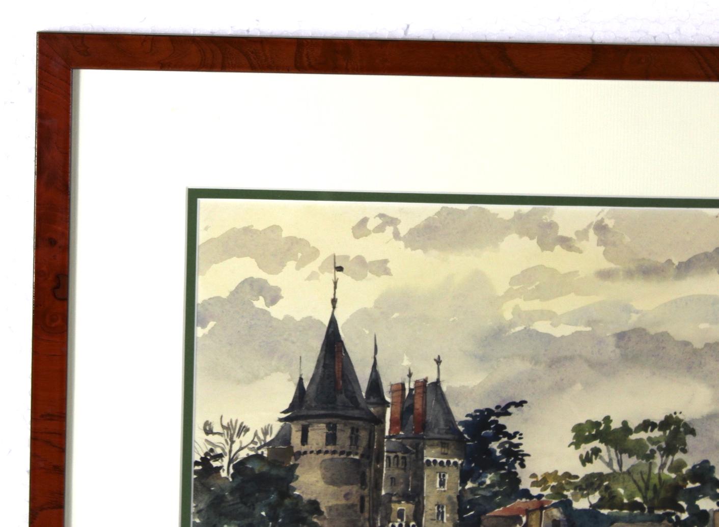 Castle at riverside, Original French Watercolor, Impressionist style For Sale 1