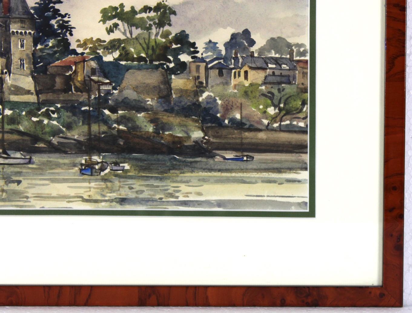 Castle at riverside, aquarelle française originale, style impressionniste en vente 2