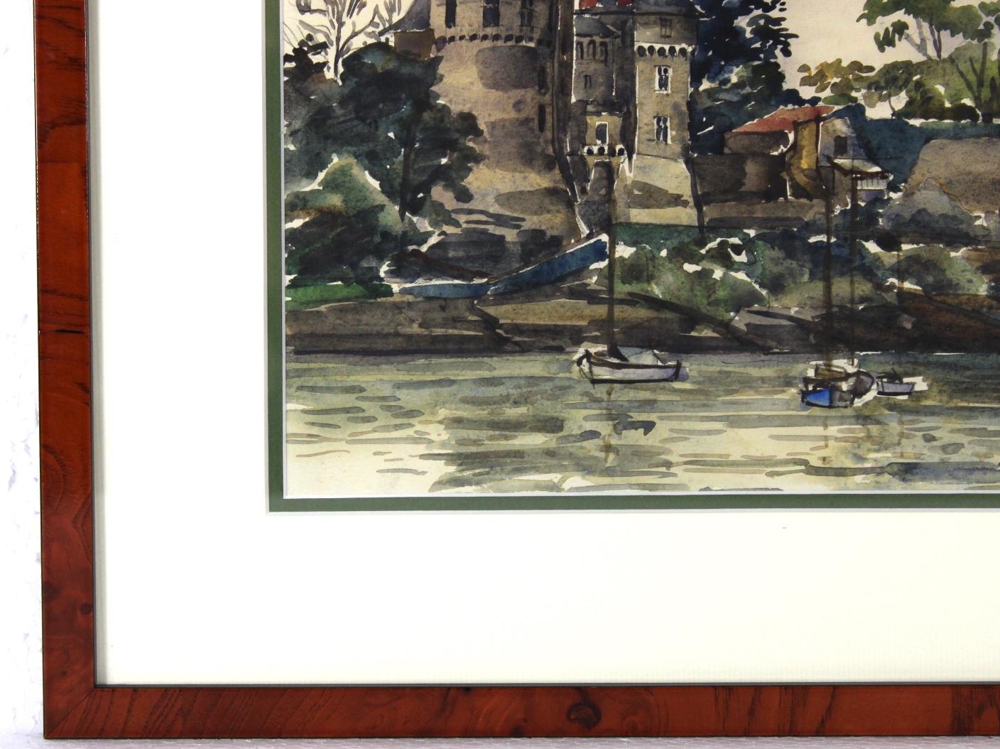 Castle at riverside, Original French Watercolor, Impressionist style For Sale 4