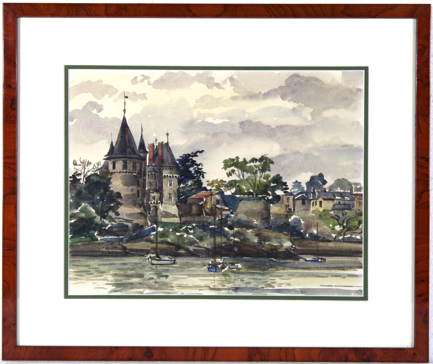 Unknown Landscape Painting – Schloss am Flussufer, Original französisches Aquarell, Impressionistischer Stil
