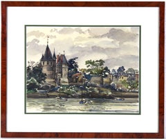 Castle at riverside, Original French Watercolor, Impressionist style