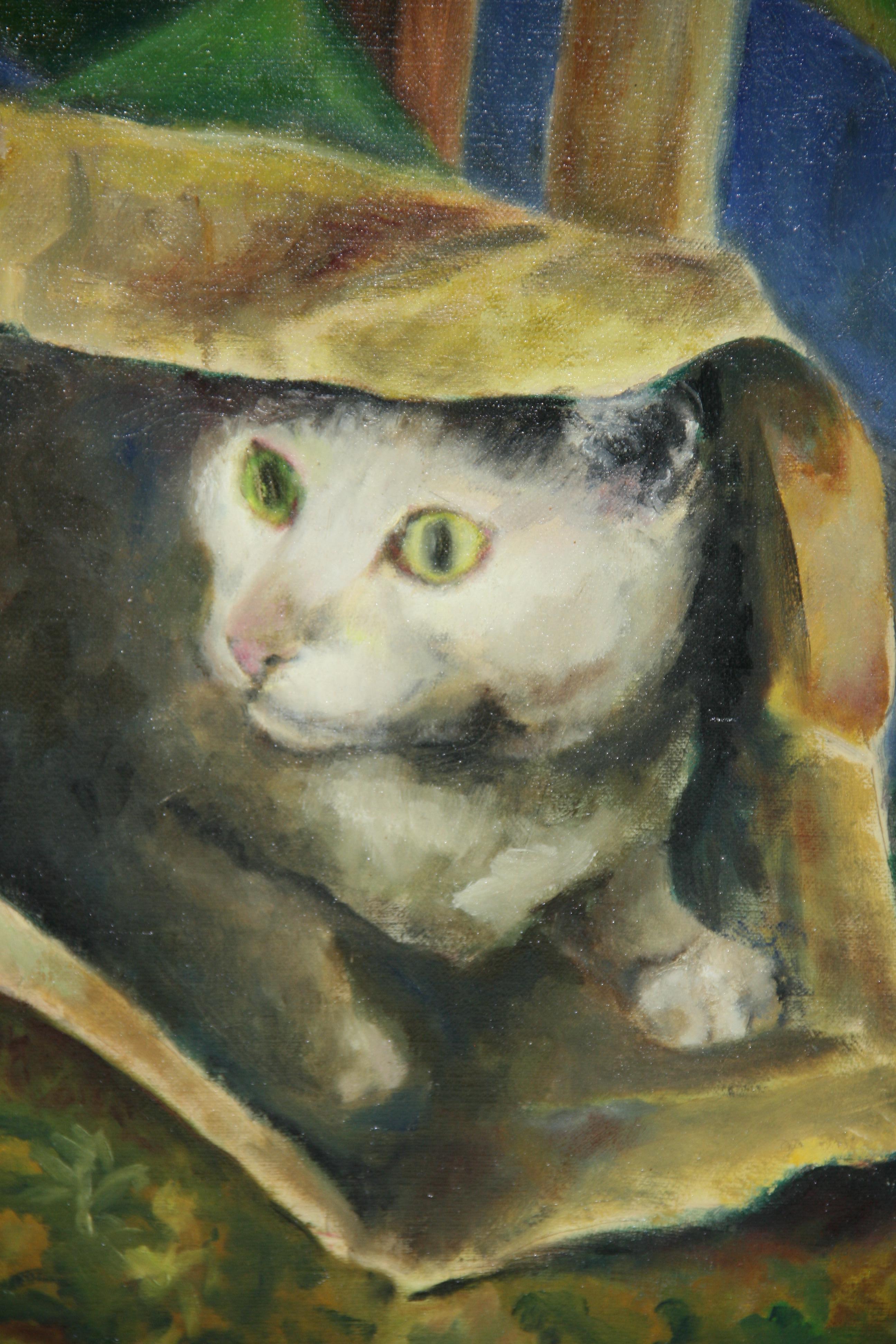 Gatto alla finestra, scena d'interni dipinta a olio da Oldyna Dynowska - Interior Painting Grigio di Unknown