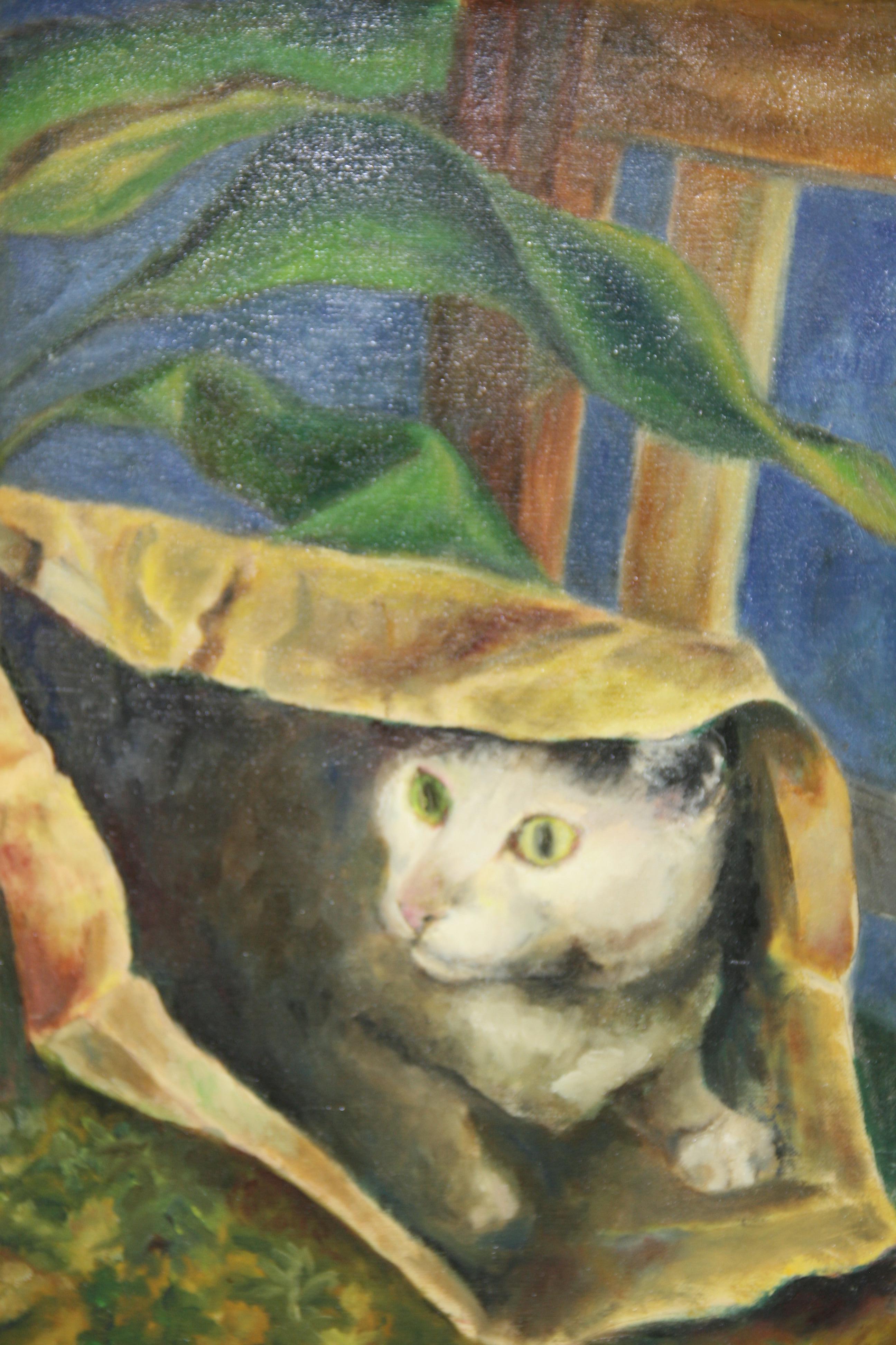 Gatto alla finestra, scena d'interni dipinta a olio da Oldyna Dynowska in vendita 1