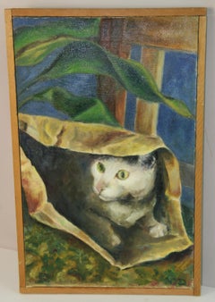Cat at the Window Vintage Oil Painting, Interior Scene, 21x13 Inches