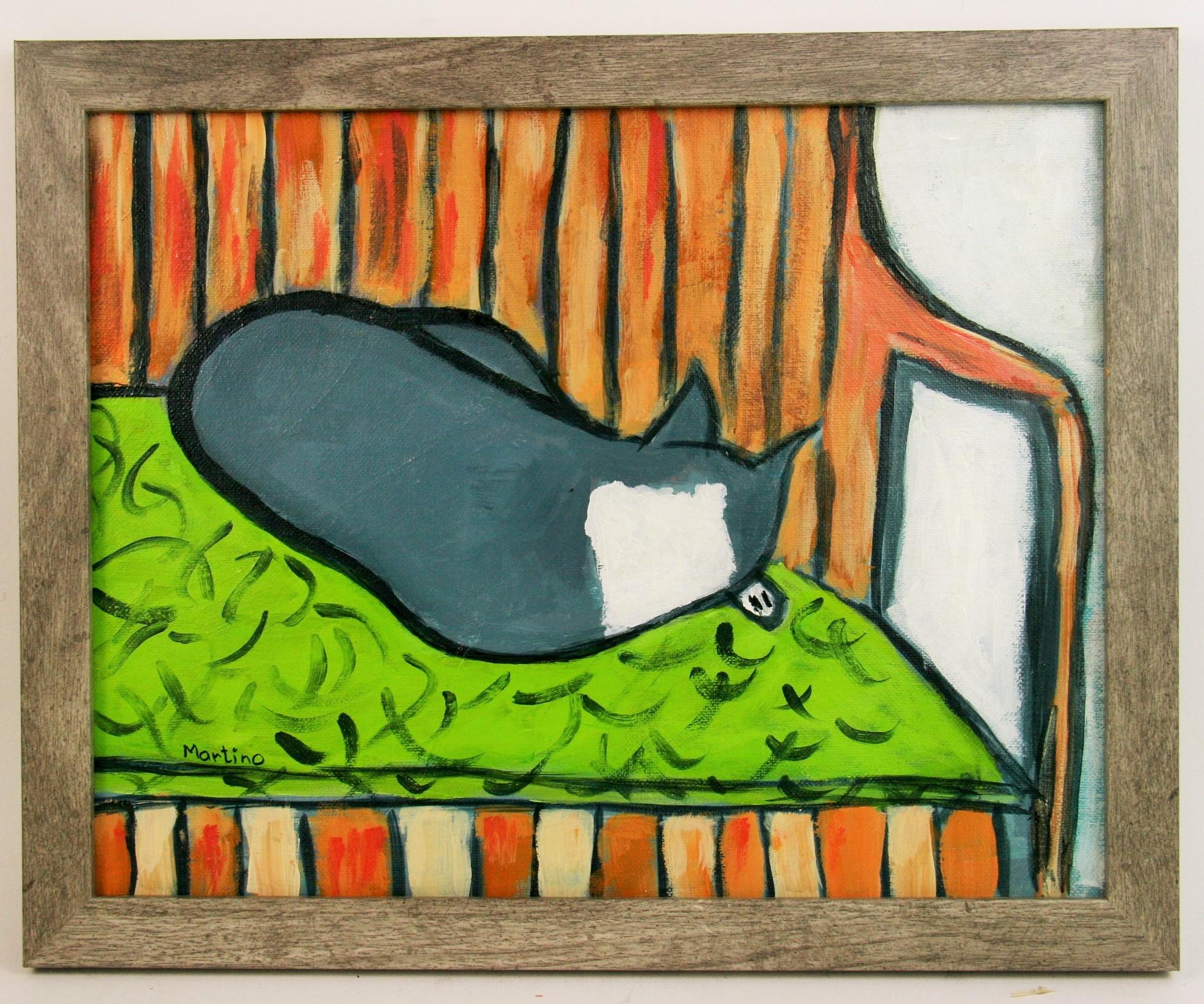 5-3327 Cat Nap ,animal painting  vintage acrylic  on  board displayed in a wood frame,signed by Martino .Image size 10.50 H x 13.50 W