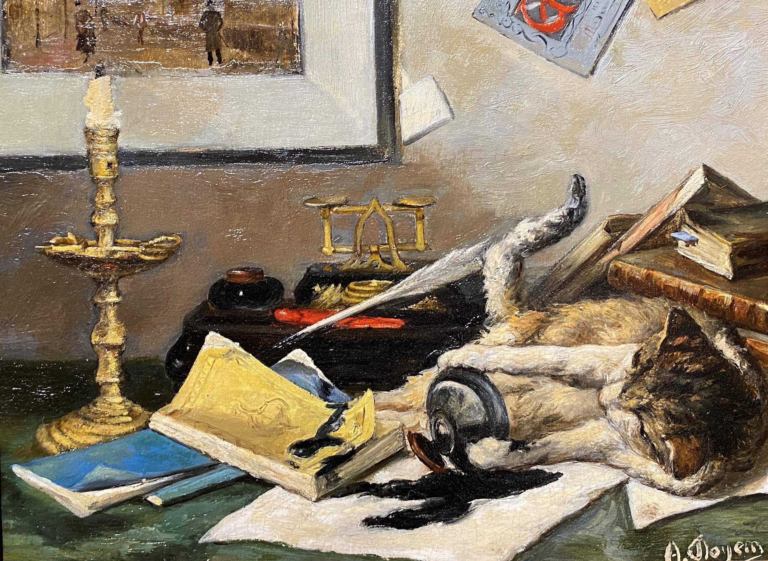 Cat Playing on a Desk - Painting by Unknown