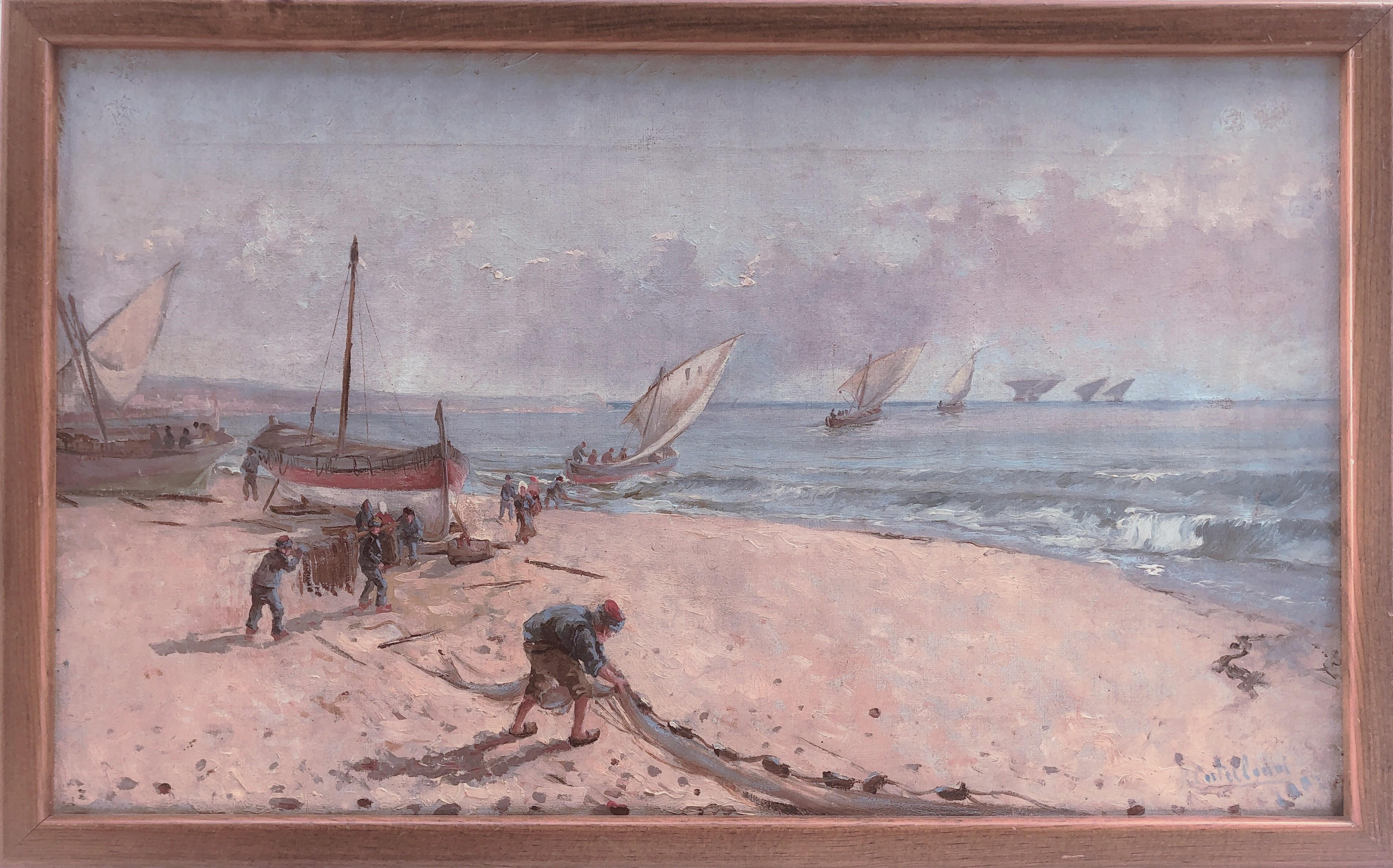 Catalan school early 20th century Fishermen on the beach Oil on canvas - Painting by Unknown