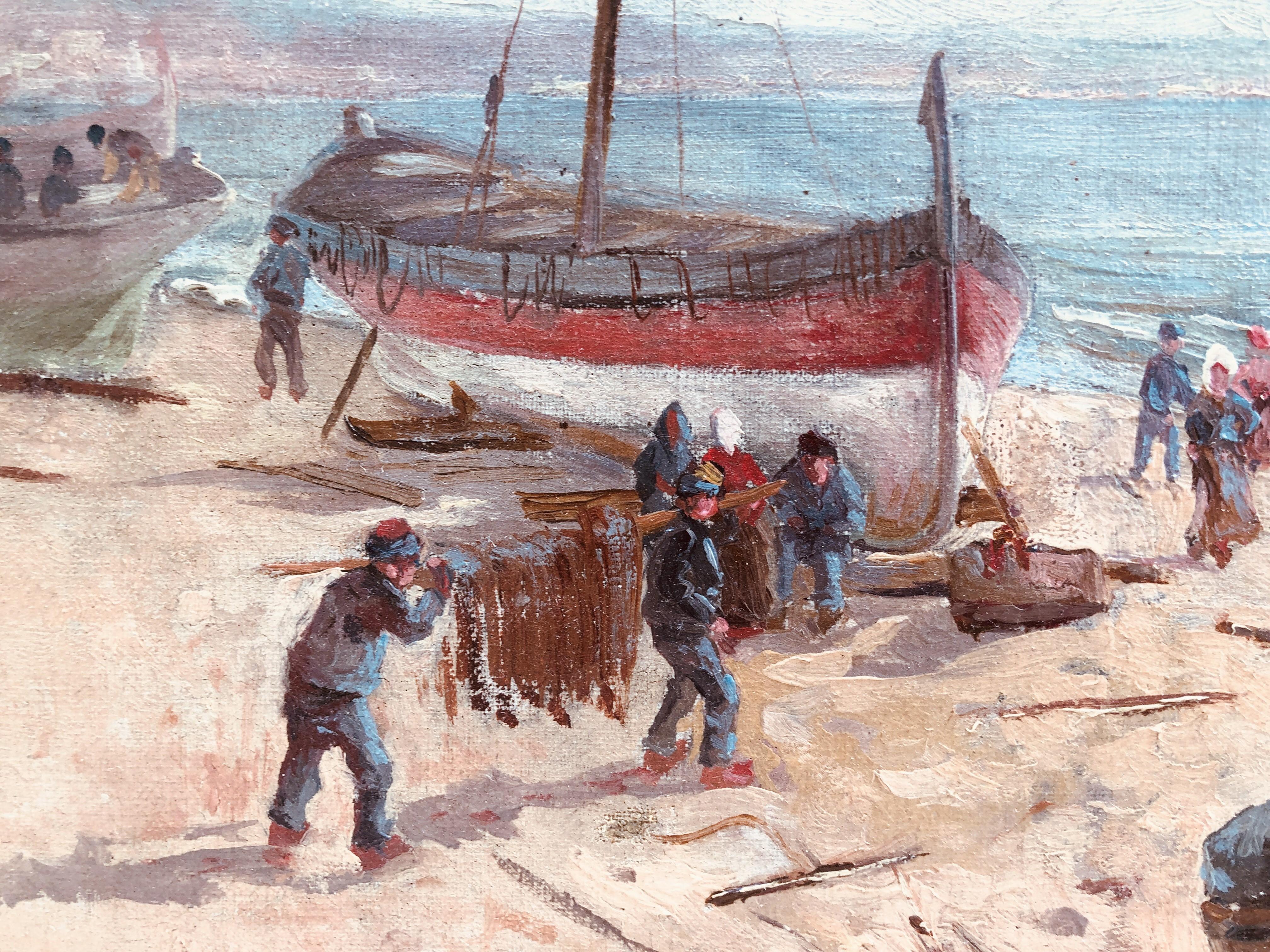 Catalan school early 20th century Fishermen on the beach Oil on canvas 1