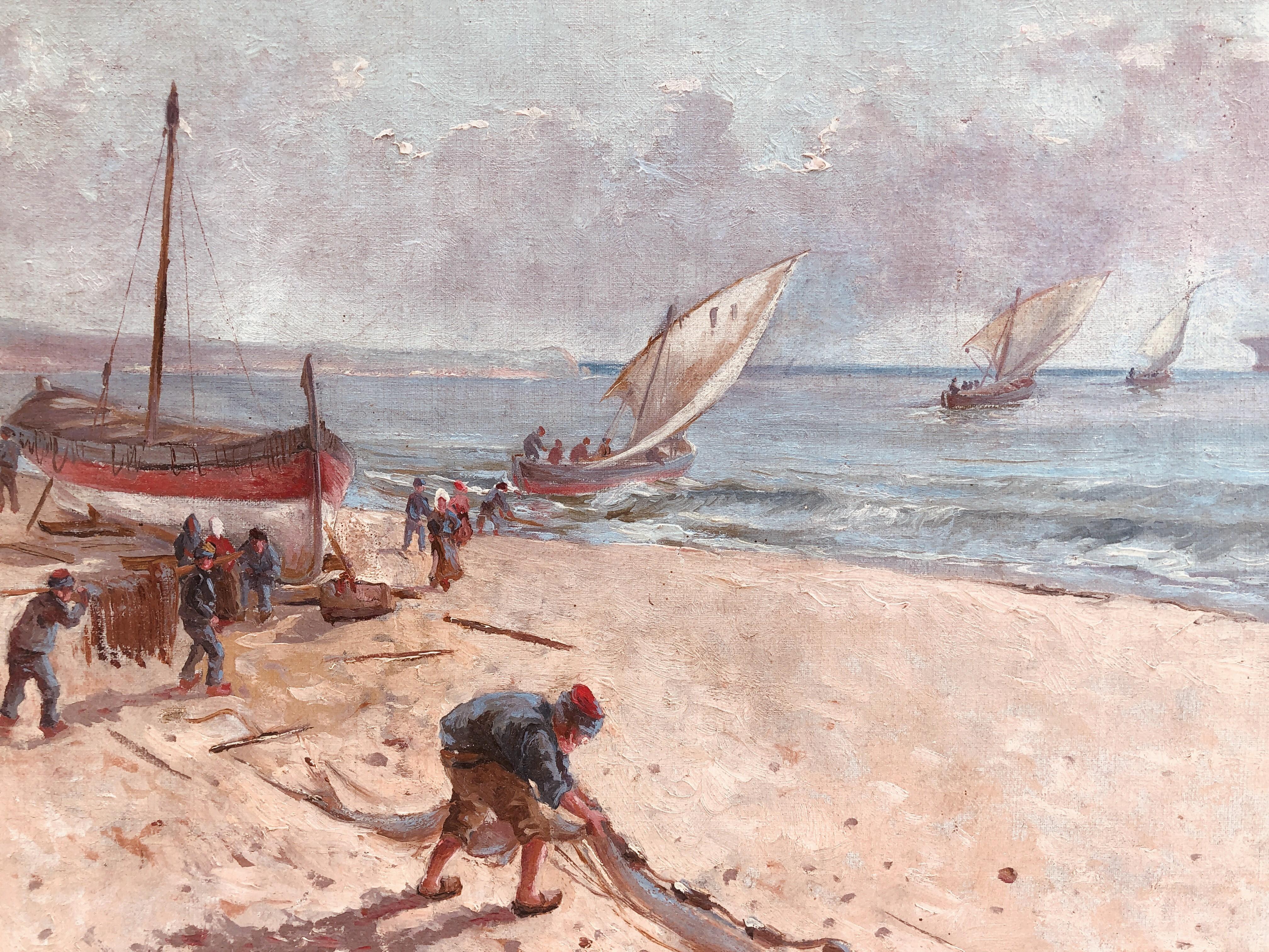 Catalan school early 20th century Fishermen on the beach Oil on canvas 3