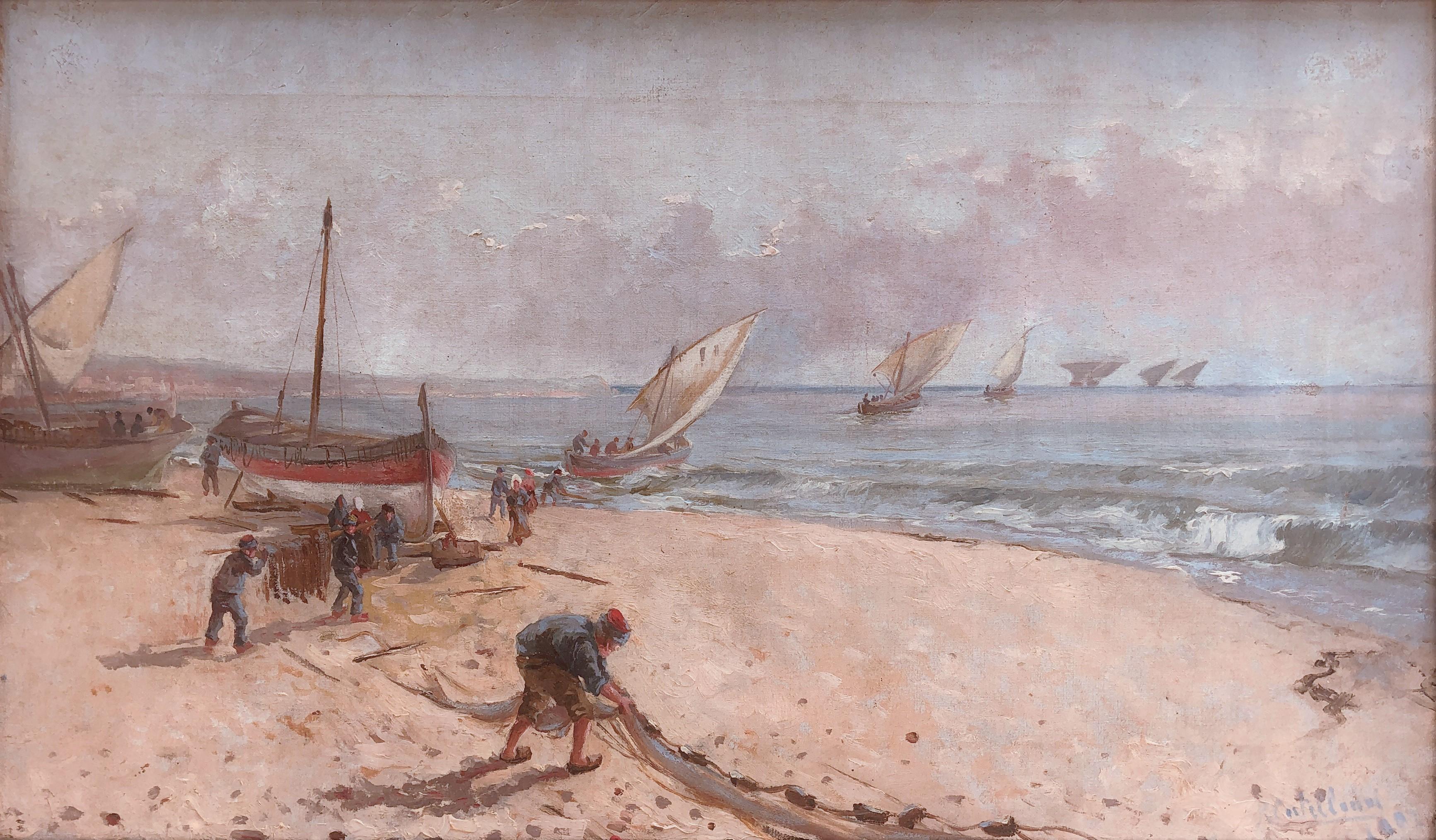 Unknown Landscape Painting - Catalan school early 20th century Fishermen on the beach Oil on canvas