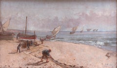 Catalan school early 20th century Fishermen on the beach Oil on canvas