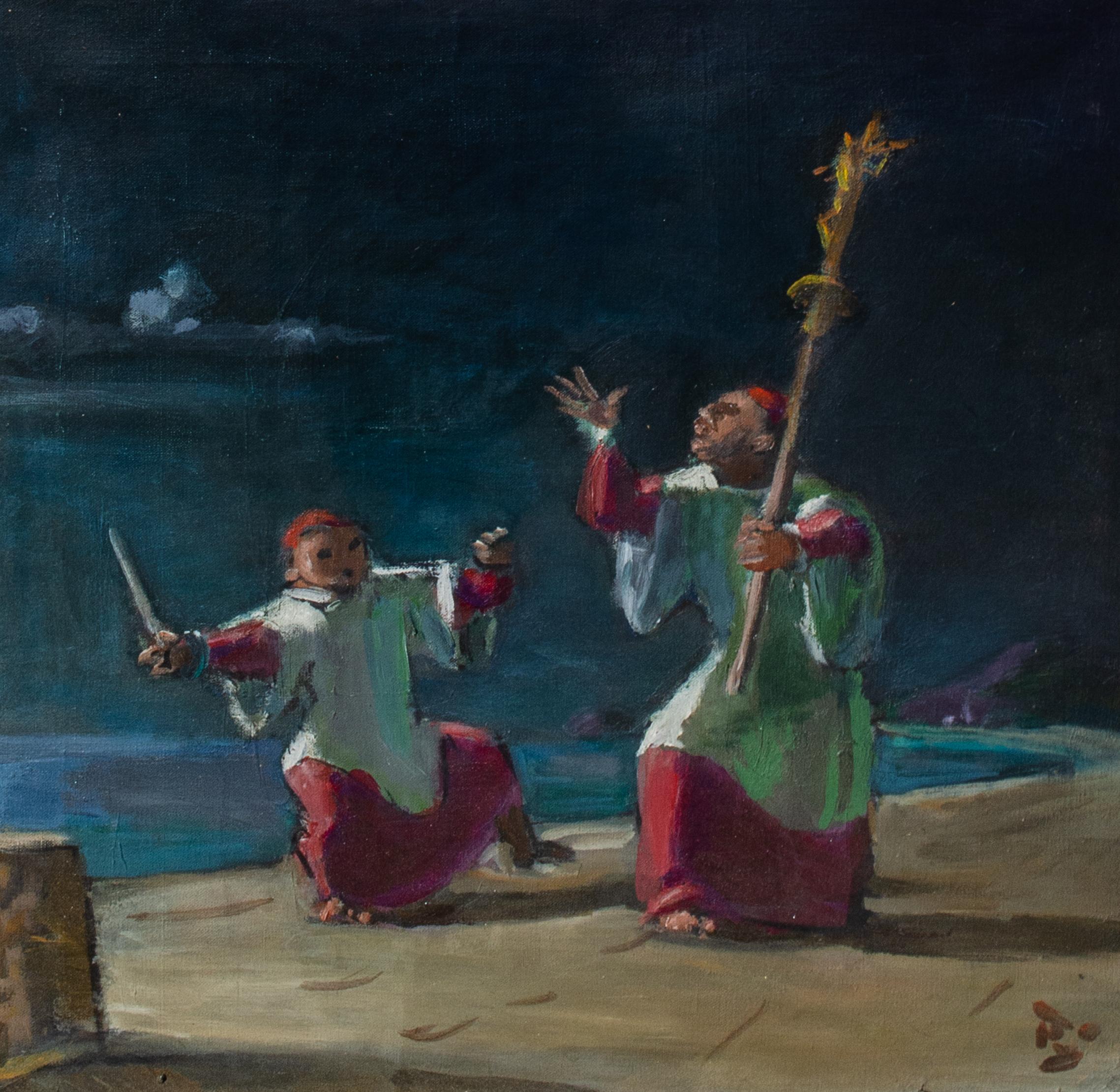 Unknown Figurative Painting - Catholics by The Sea Painting Signed by Mystery Artist
