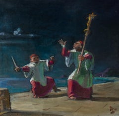 Peinture catholique au bord de la mer signée par l'artiste Mystery