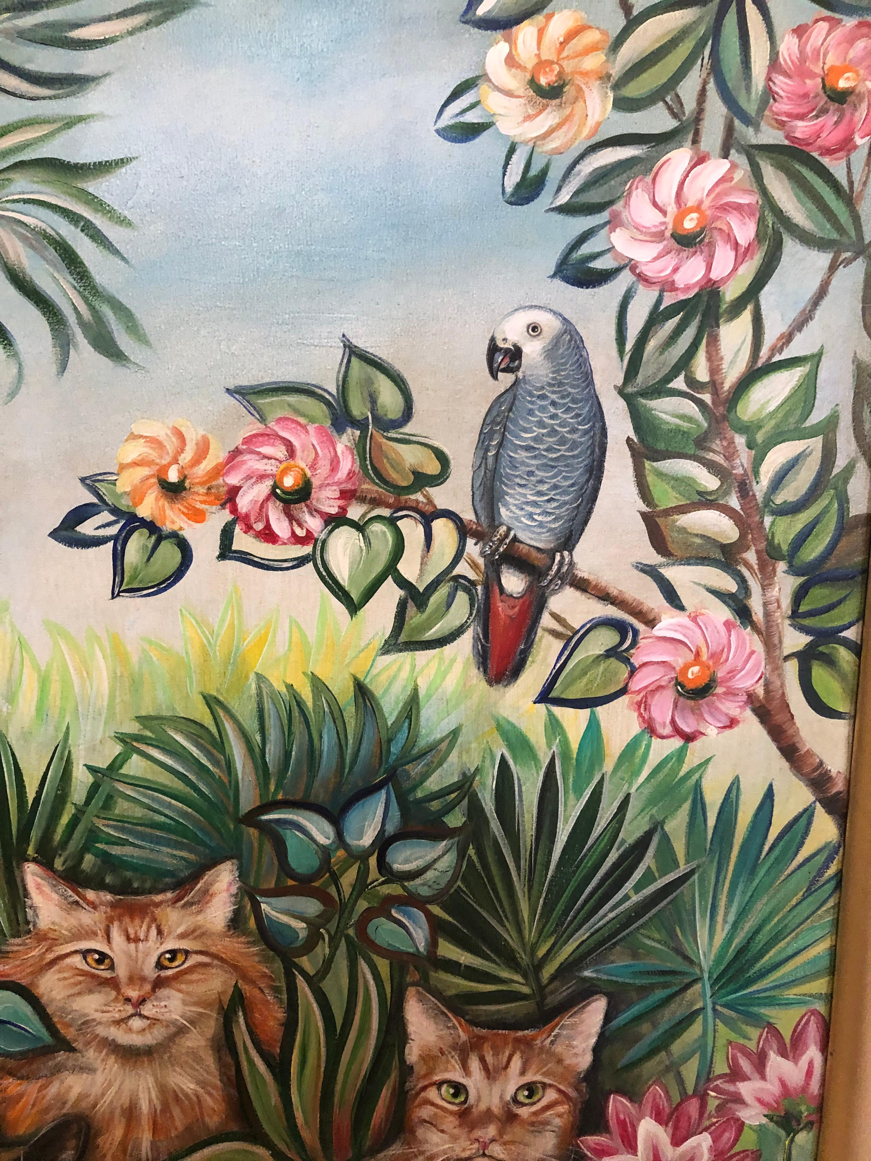 Fabelhaftes, skurriles Öl auf Leinwand mit Katzen und einem Papagei in einer Laublandschaft. Tolle Farben und die Katzen sind so realistisch gemalt. Gemälde misst 40 Zoll hoch und 26 breit. Der Rahmen misst 43 5/8 Zoll mal 29 3/4. Die Malerei ist in