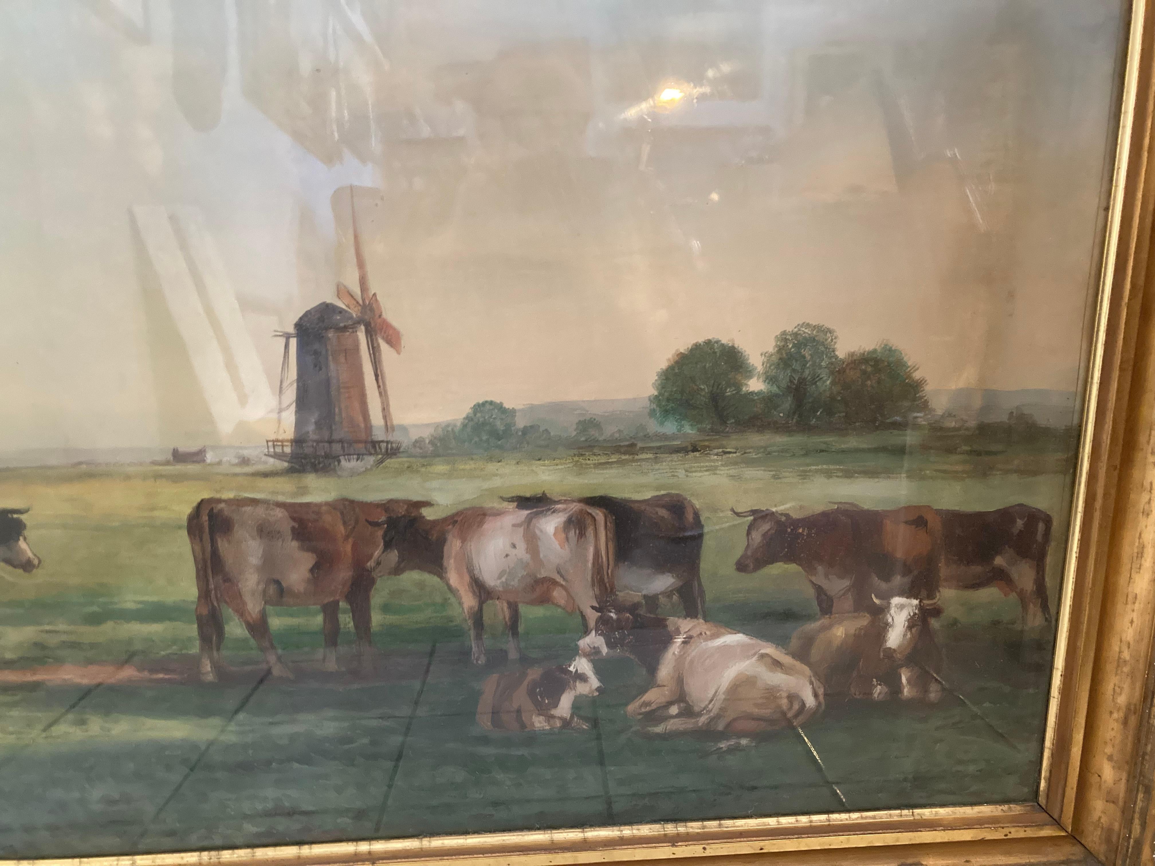 Cattle with Windmills (Large Framed 20th Century Antique Watercolor Landscape) - Painting by Unknown