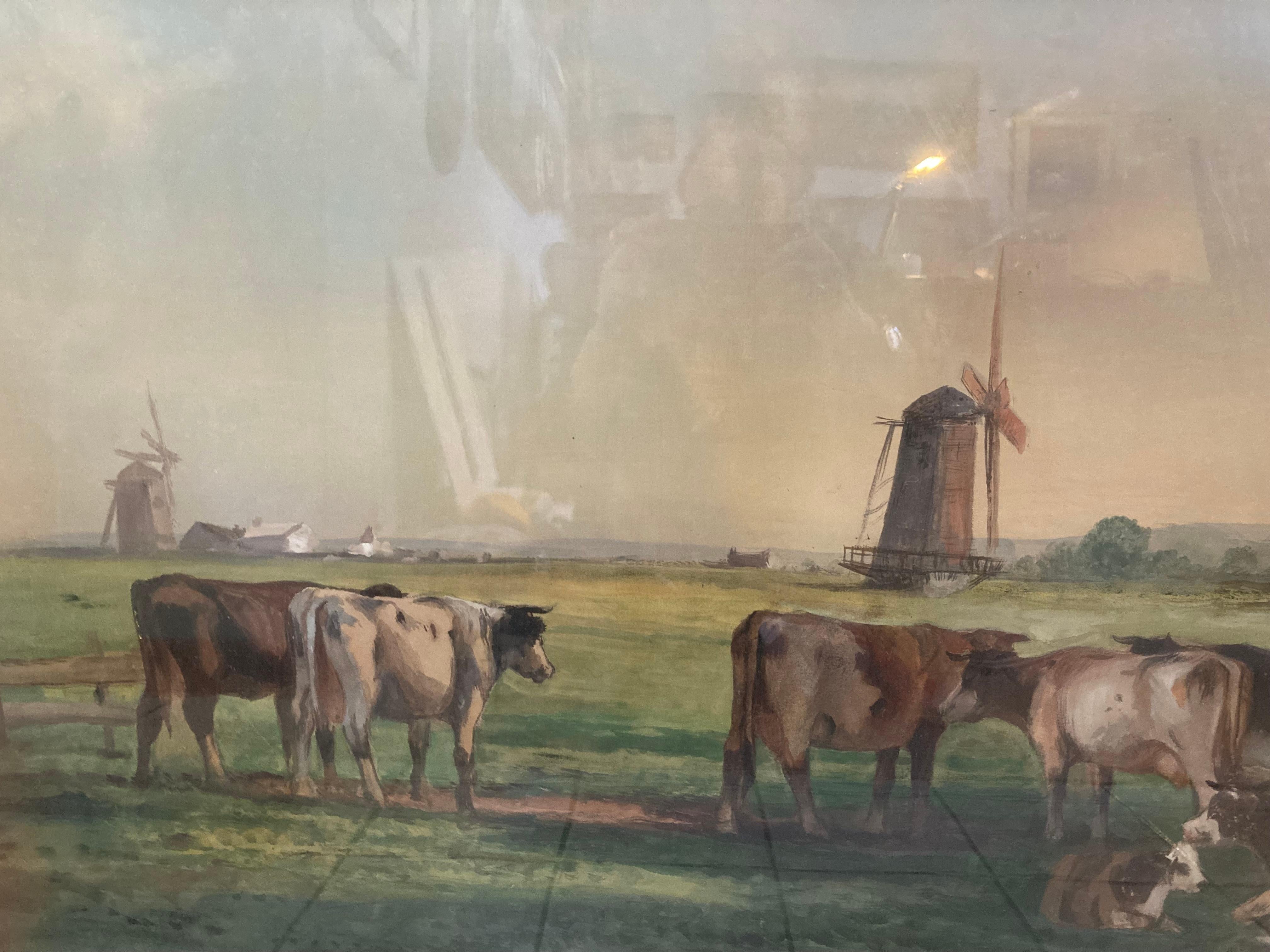 Cattle with Windmills (Large Framed 20th Century Antique Watercolor Landscape) - Brown Landscape Painting by Unknown