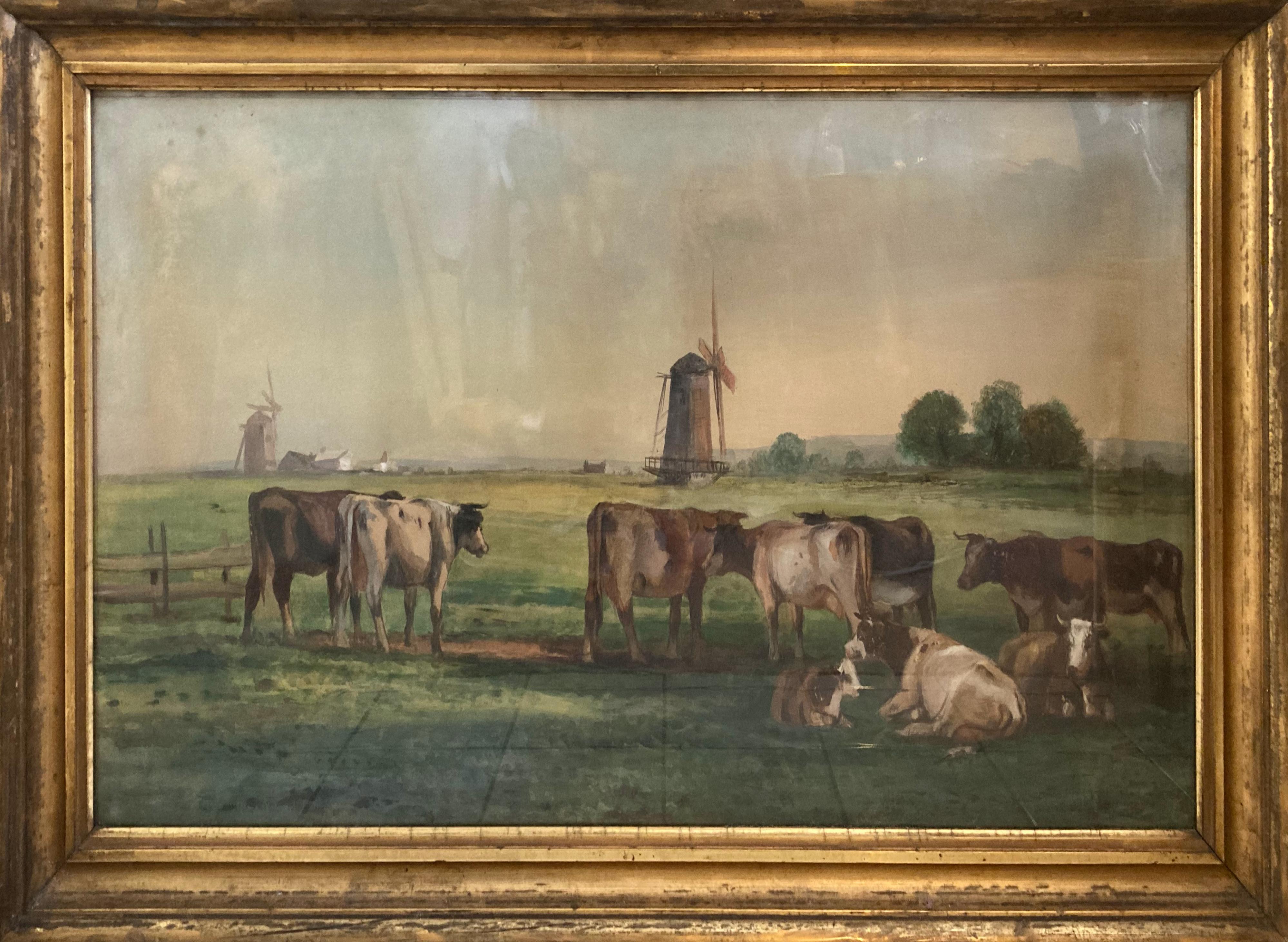 Unknown Landscape Painting - Cattle with Windmills (Large Framed 20th Century Antique Watercolor Landscape)