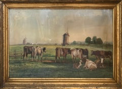 Cattle with Windmills (Large Framed 20th Century Antique Watercolor Landscape)