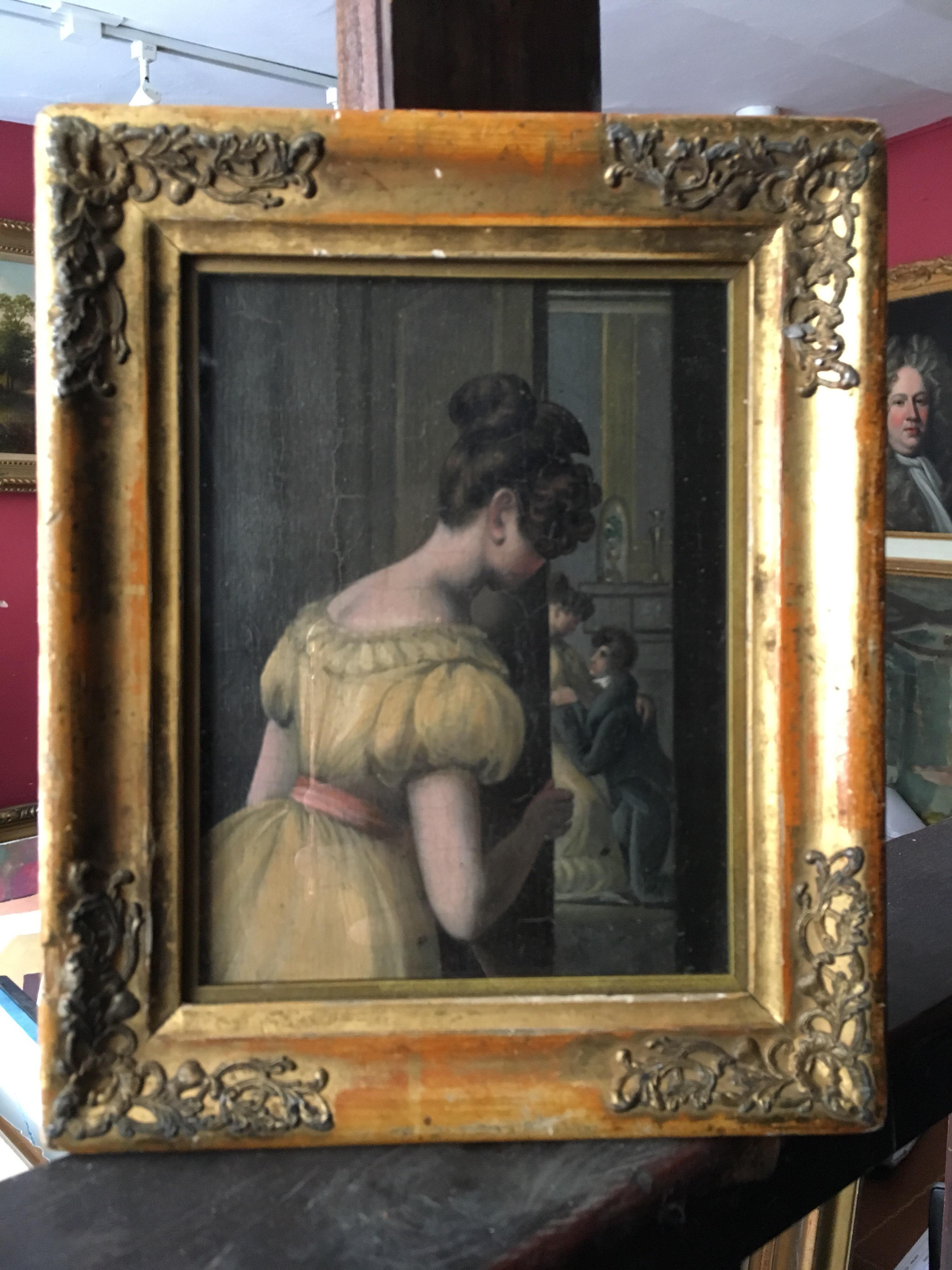 ‘Caught in the Act’, British Oil Painting
circa 1800
The artist has titled the painting verso
Oil painting on wood panel, framed
Frame size: 9 x 7.5 inches

Scandalous oil painting of a smartly dressed young woman from the Georgian era, watching two