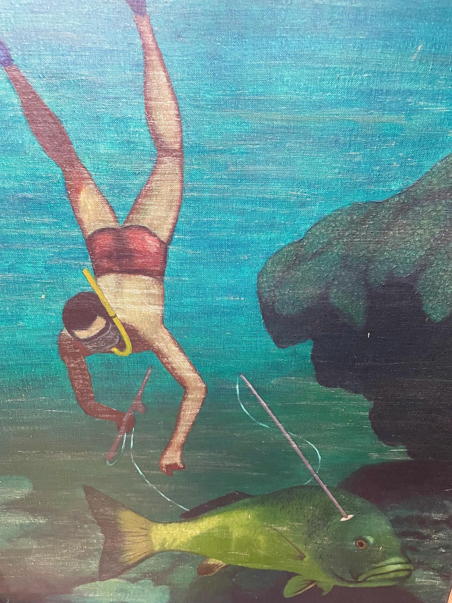 Erwischt! Spearfishing a Wary Grouper, ein Krieger – Painting von Unknown