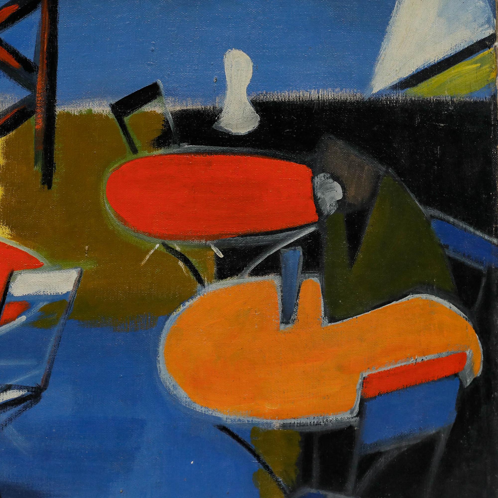 This vibrant mid-century oil depicts a waterfront café scene viewed through decorative lattice work, with orange bistro tables and chairs arranged on a terrace overlooking a serene blue harbour. Signed and dated to the lower left. On canvas on