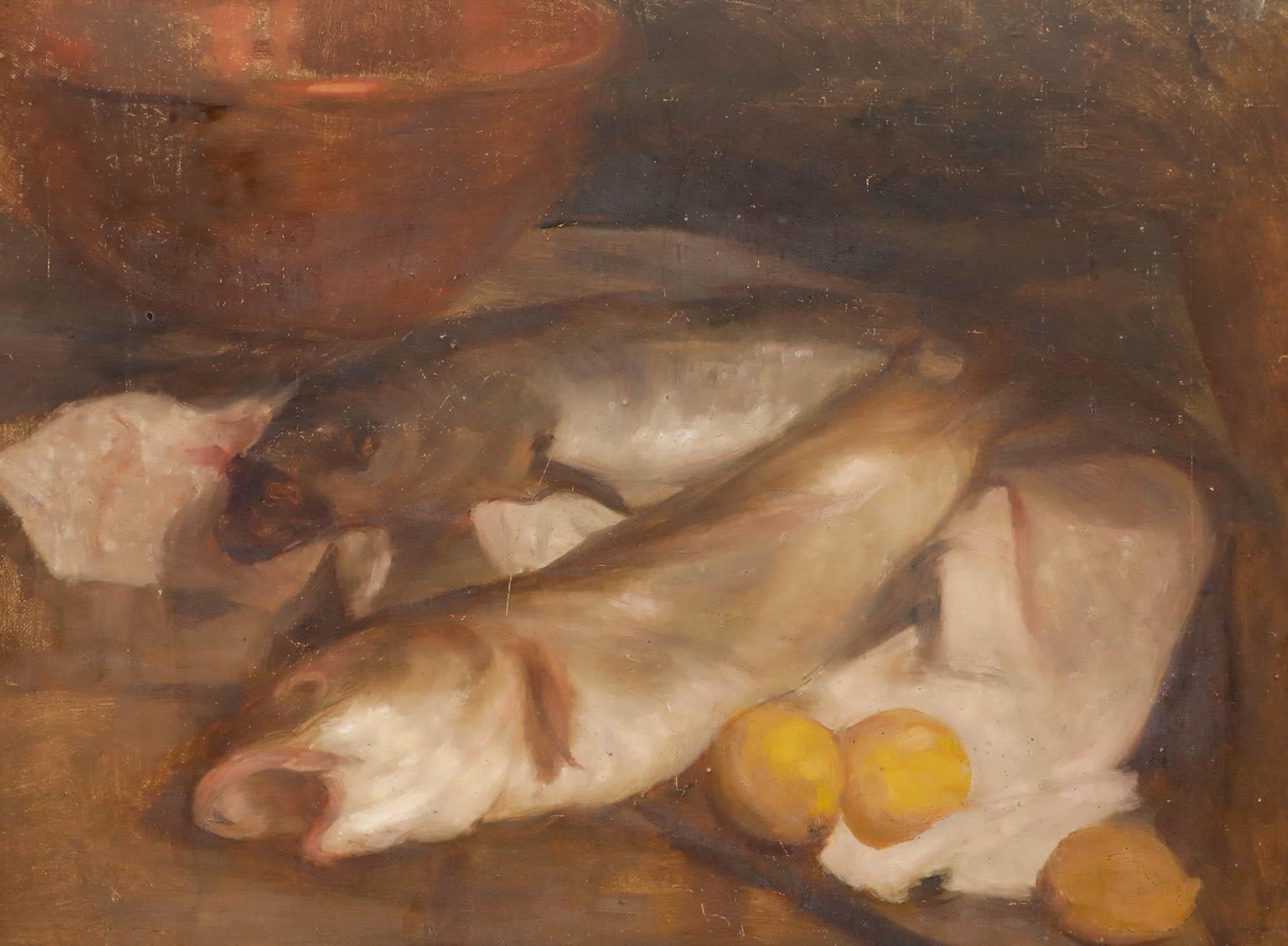 Cecile Hertz-Eyrolles (1875-1974) - Gerahmtes Öl aus der Mitte des 20. Jahrhunderts, Kabeljau und Zitronen – Painting von Unknown