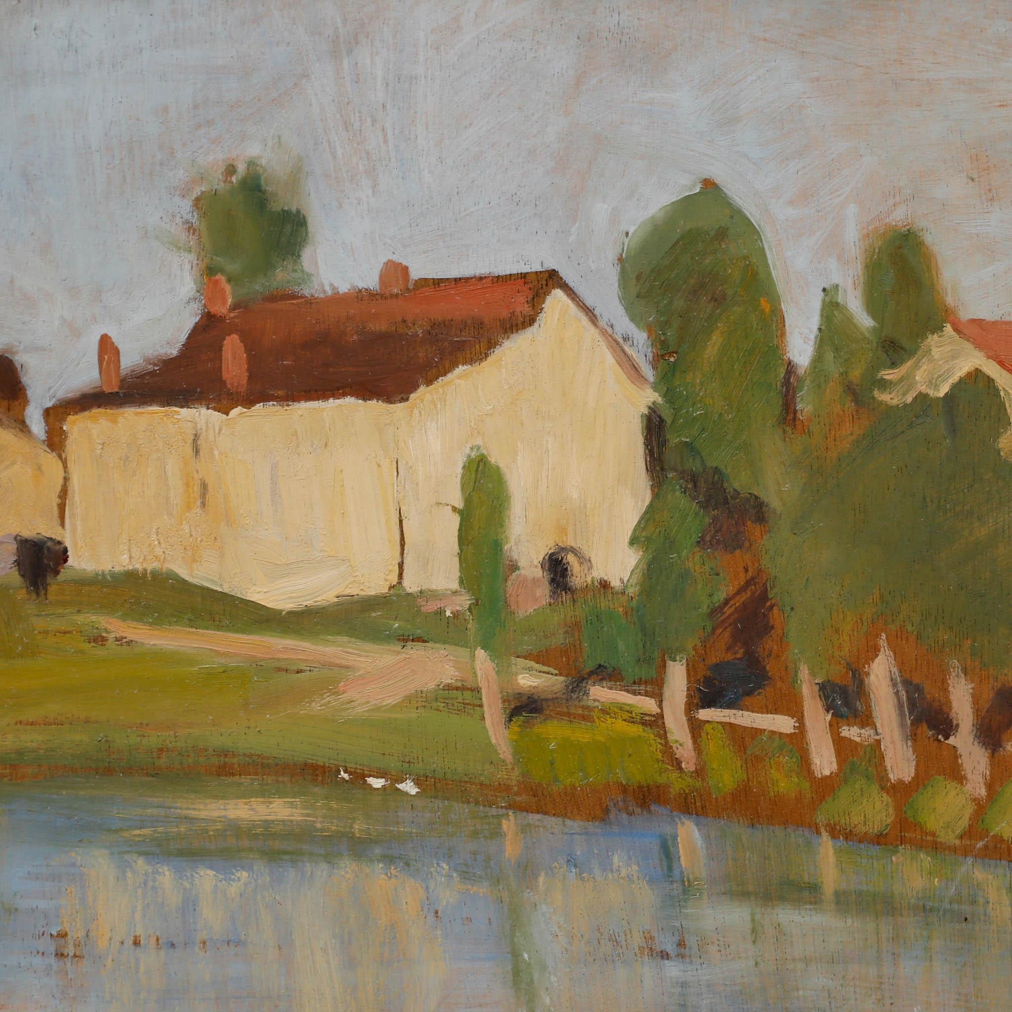 Un paisaje al óleo de Cecile Hertz-Eyrolles (1875-1974), brillante y suelto, que representa un idílico pueblo ribereño con patos en la orilla del río y grandes viviendas de piedra más allá. Sin firmar. Bien presentado en un marco contemporáneo de