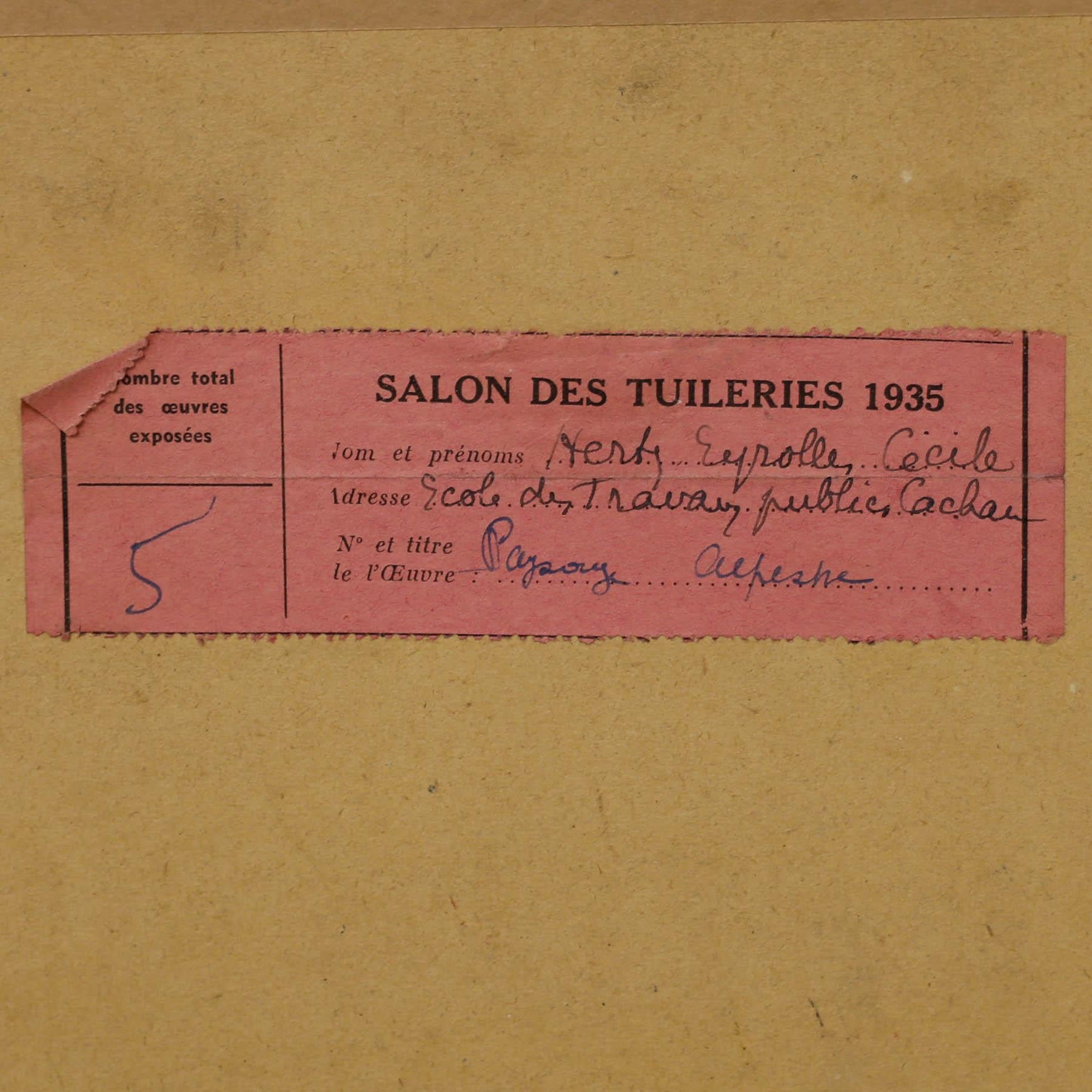 Cecile Hertz-Eyrolles (1875-1974), Oil on board. Alpine landscape in summer (Combloux). Signed lower right. Presented in an elegant gilt frame with floral and acanthus ornamentation at the corners. Studio stamp and Salon des Tuileries label fixed